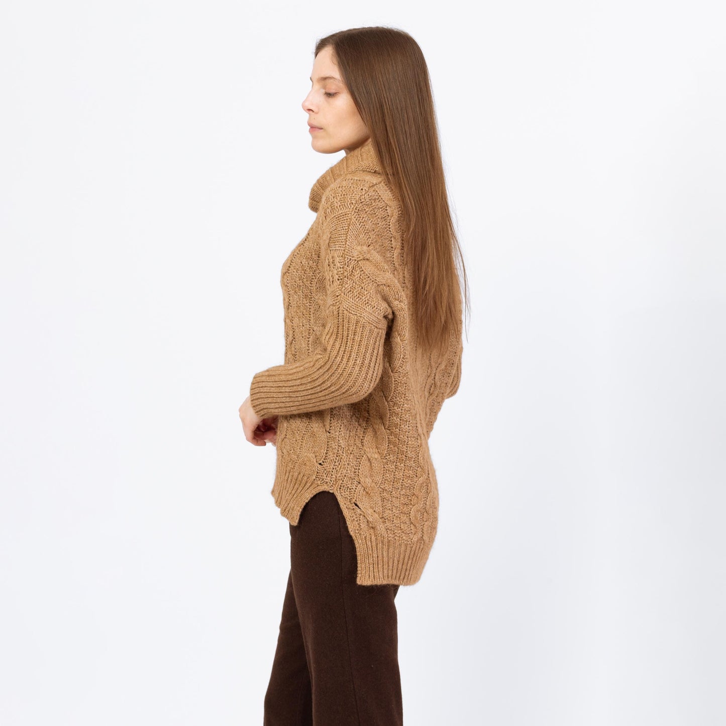 Vintage Y2K Camel Brown Cable Knit Turtleneck Sweater - Small | Soft Wool Slouchy High-Low Sweater