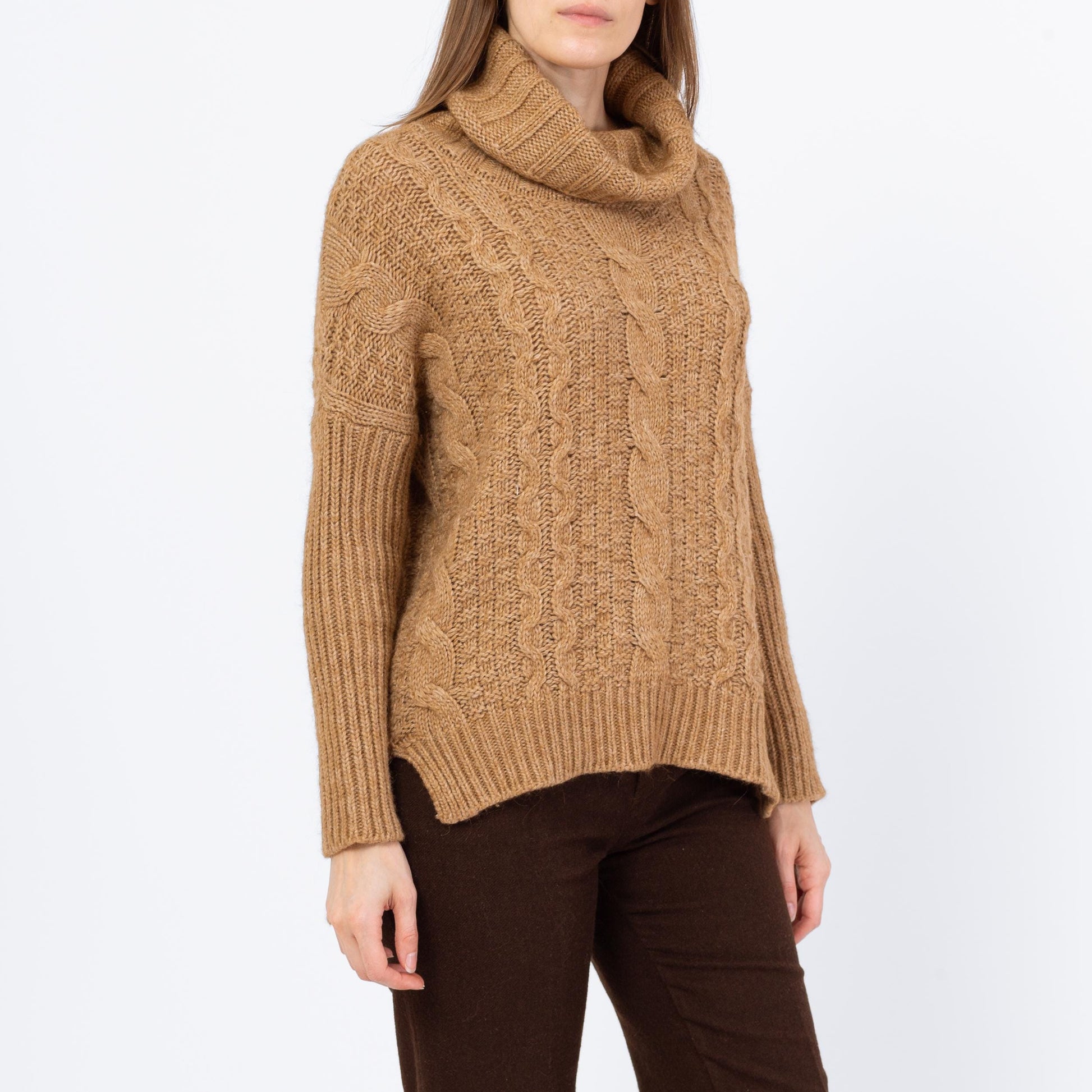 Vintage Y2K Camel Brown Cable Knit Turtleneck Sweater - Small | Soft Wool Slouchy High-Low Sweater