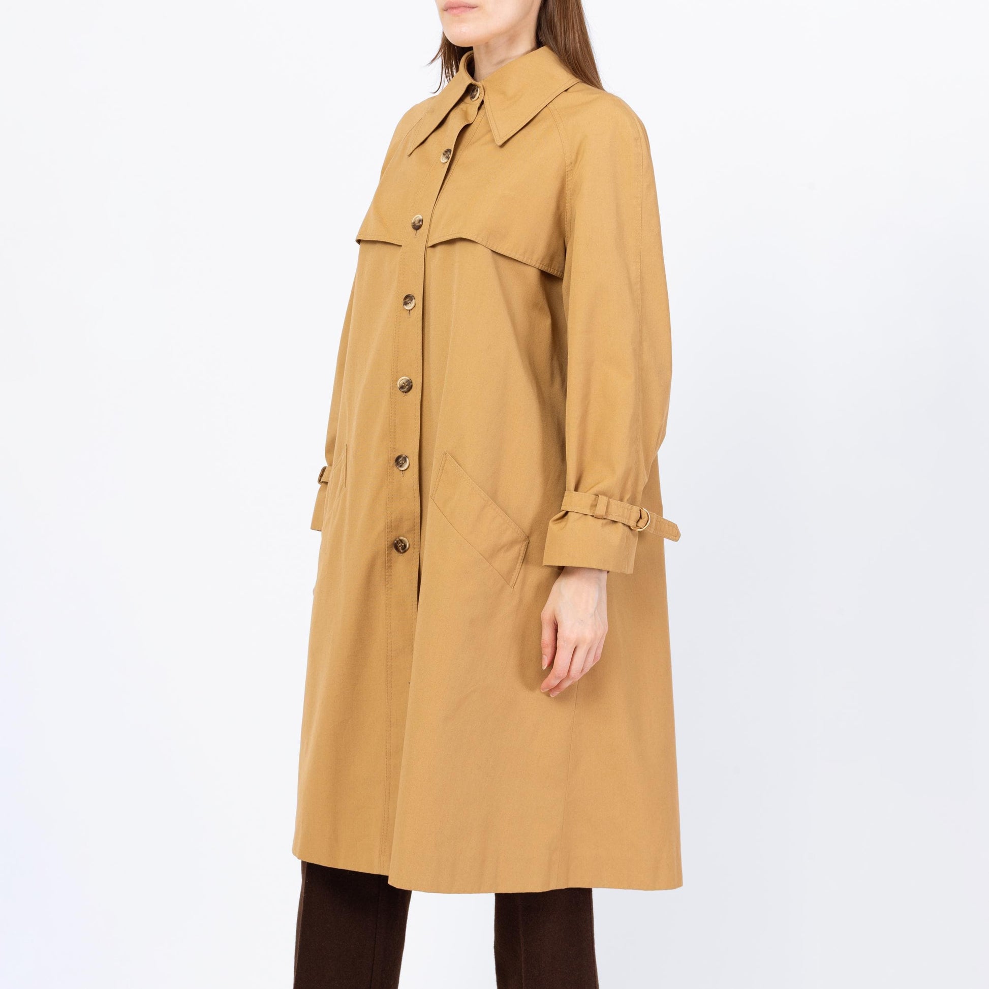 Vintage 70s Tan Pointed Collar Trench Coat - Medium | Minimalist Button Up Fall Winter Swing Jacket