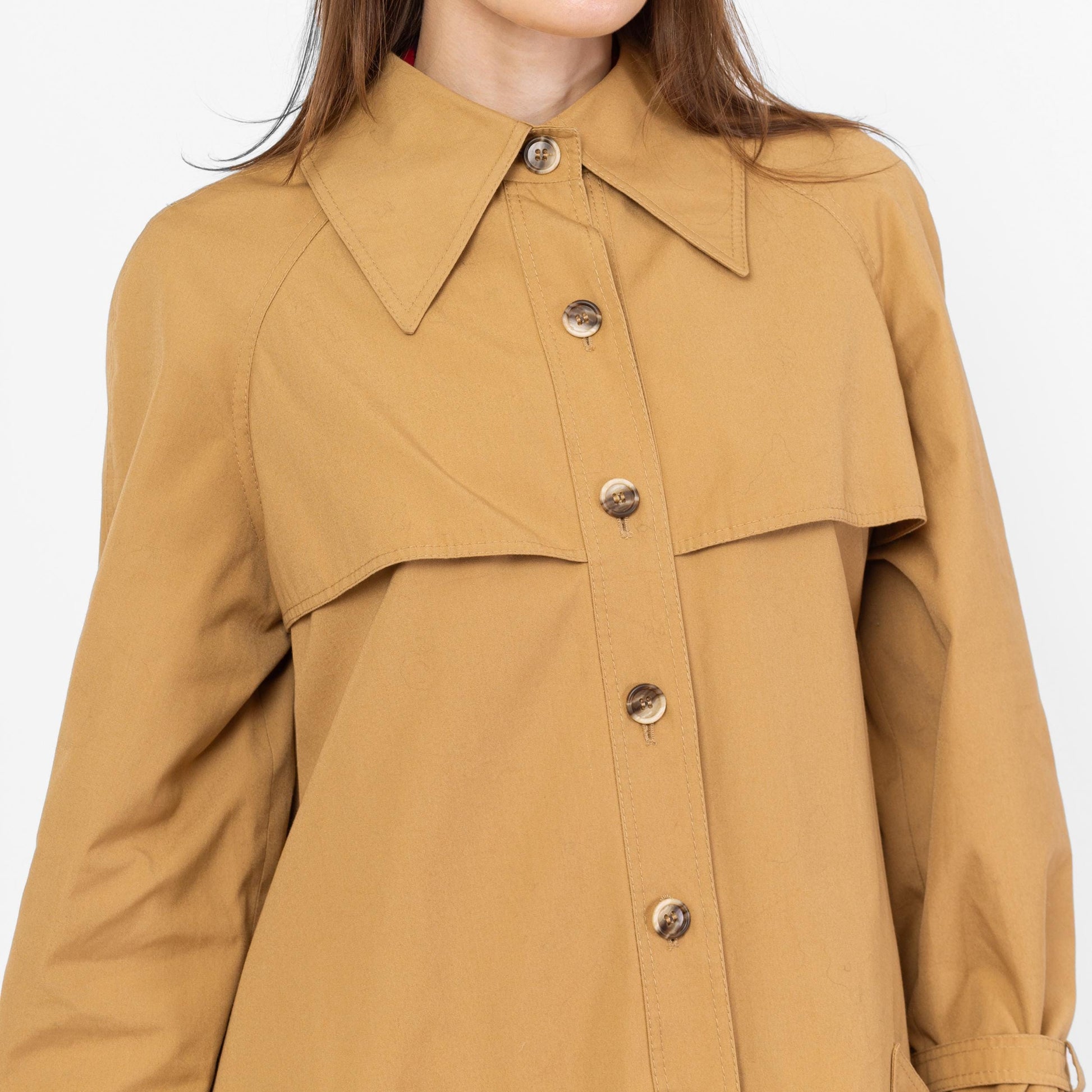 Vintage 70s Tan Pointed Collar Trench Coat - Medium | Minimalist Button Up Fall Winter Swing Jacket
