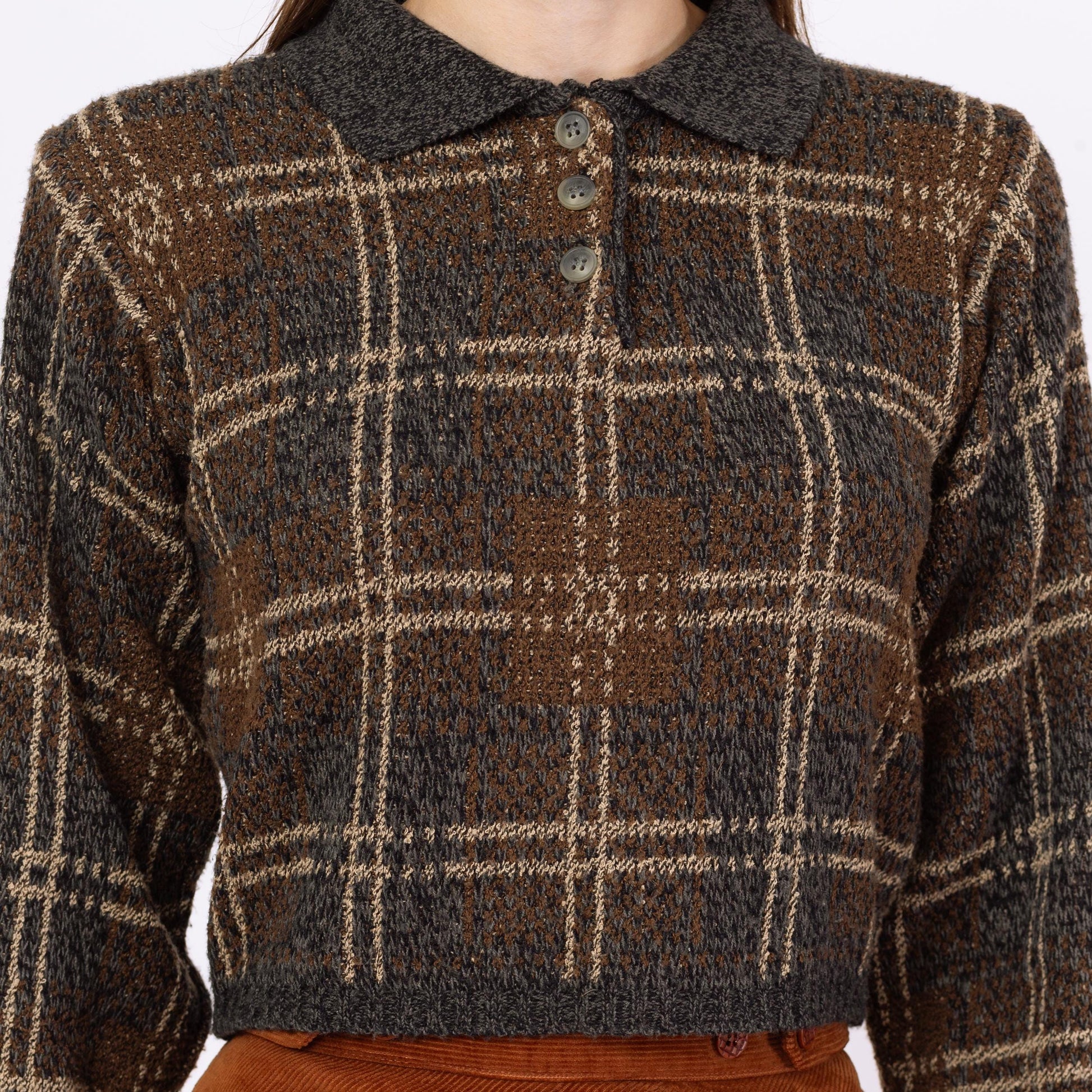 Vintage 90s Windowpane Plaid Knit Crop Top Sweater - Medium | Blue Brown Slouchy 1/4 Button Collared Cropped Pullover