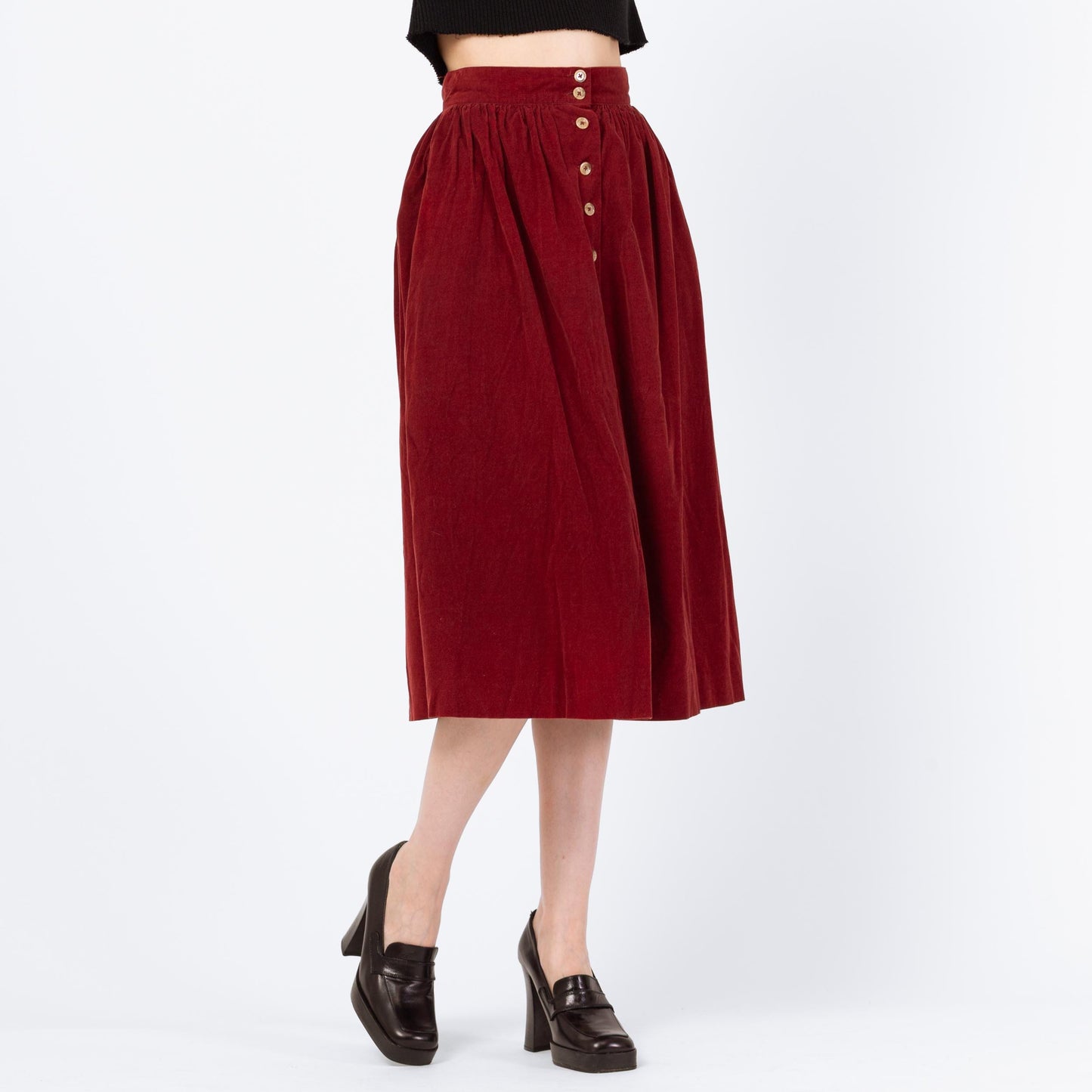 Vintage 80s Wine Corduroy Midi Pocket Skirt - Extra Small, 25" Waist | A Line High Waist Retro Skirt