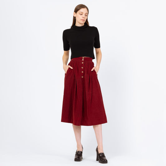 Vintage 80s Wine Corduroy Midi Pocket Skirt - Extra Small, 25" Waist | A Line High Waist Retro Skirt