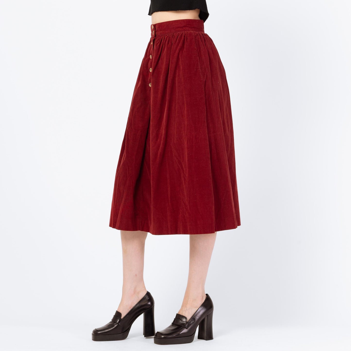 Vintage 80s Wine Corduroy Midi Pocket Skirt - Extra Small, 25" Waist | A Line High Waist Retro Skirt