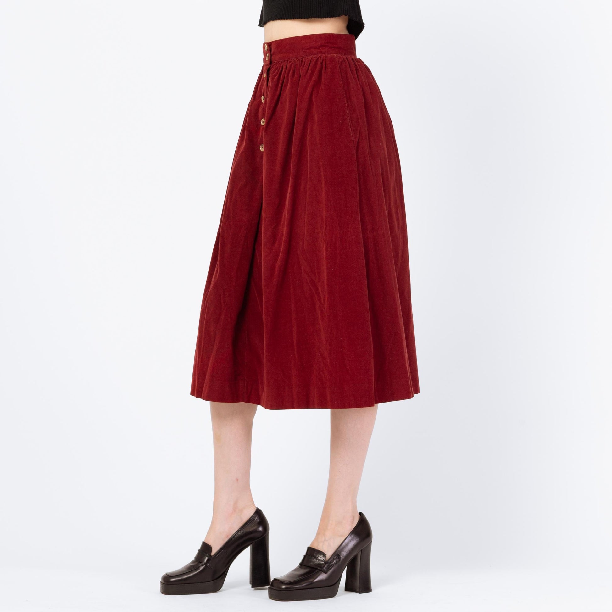 Vintage 80s Wine Corduroy Midi Pocket Skirt - Extra Small, 25" Waist | A Line High Waist Retro Skirt