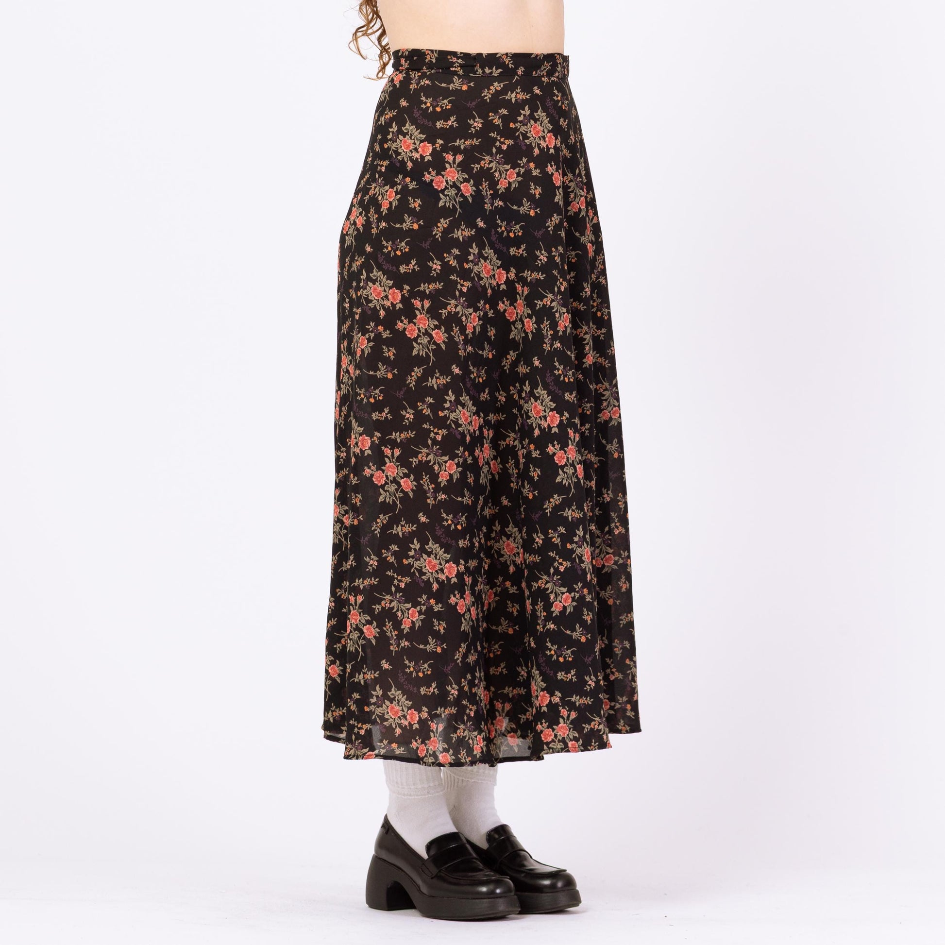 Vintage 90s Express Sheer Black Floral Maxi Wrap Skirt - Medium | Compagnie Internationale Boho Flower Print Long Summer Skirt