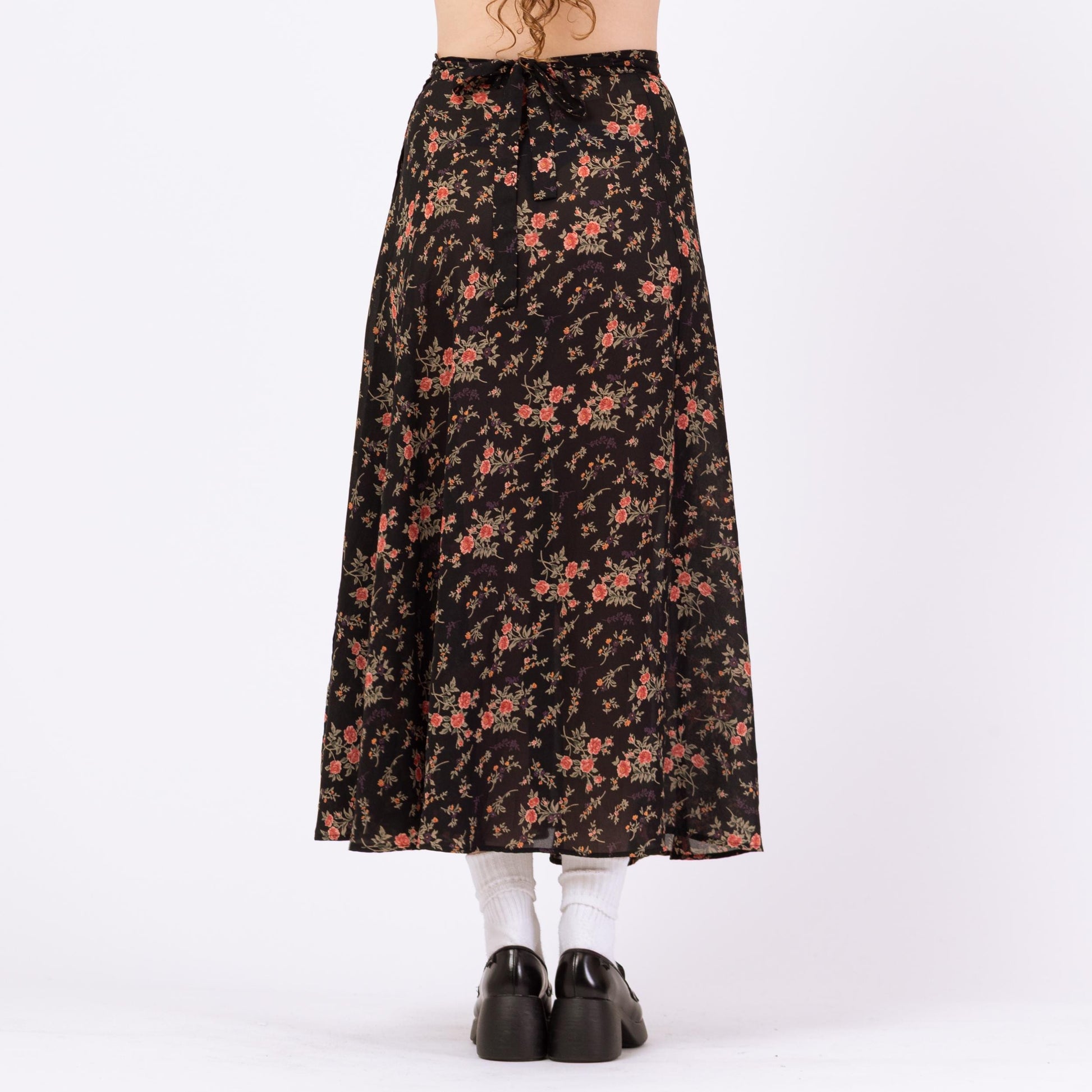 Vintage 90s Express Sheer Black Floral Maxi Wrap Skirt - Medium | Compagnie Internationale Boho Flower Print Long Summer Skirt