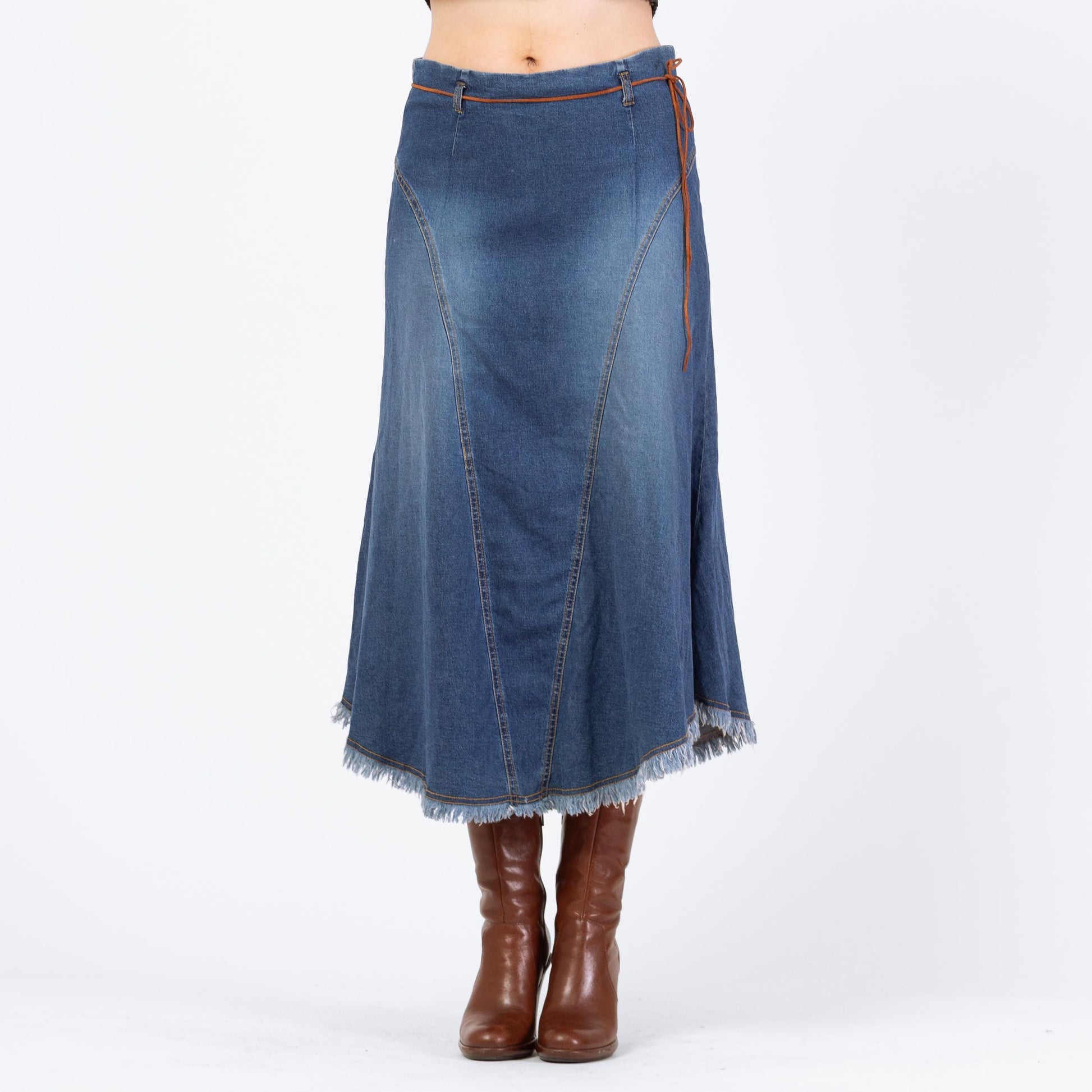 Vintage 90s Western Stretchy Denim Midi Skirt - Medium | Low Waisted Blue Jean Skirt, A Line Fringe Skirt