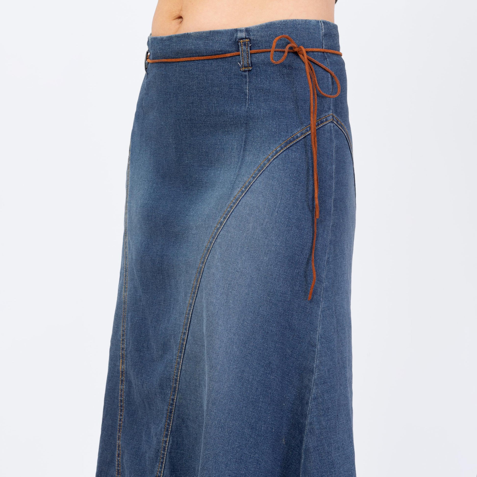 Vintage 90s Western Stretchy Denim Midi Skirt - Medium | Low Waisted Blue Jean Skirt, A Line Fringe Skirt