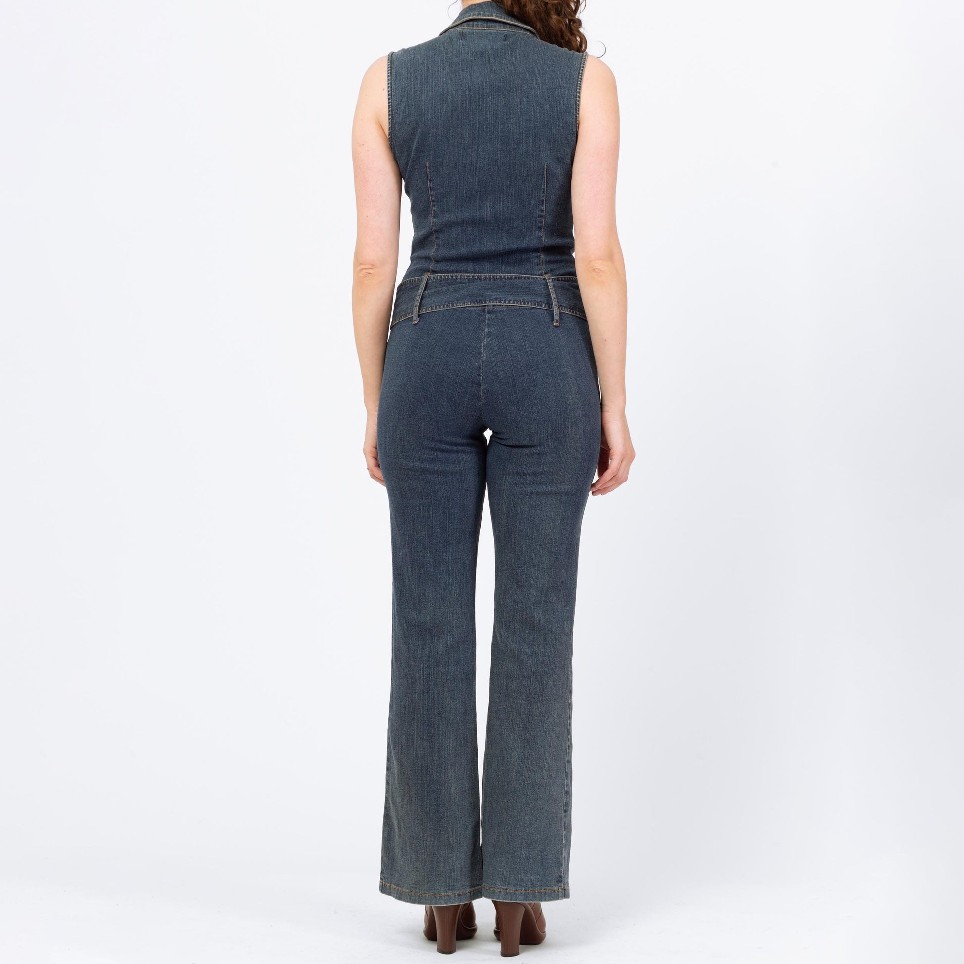 Vintage 90s Y2K Denim Lace Up Fitted Jumpsuit - Medium | Faded Dark Wash Stretchy Jean Corset Pantsuit