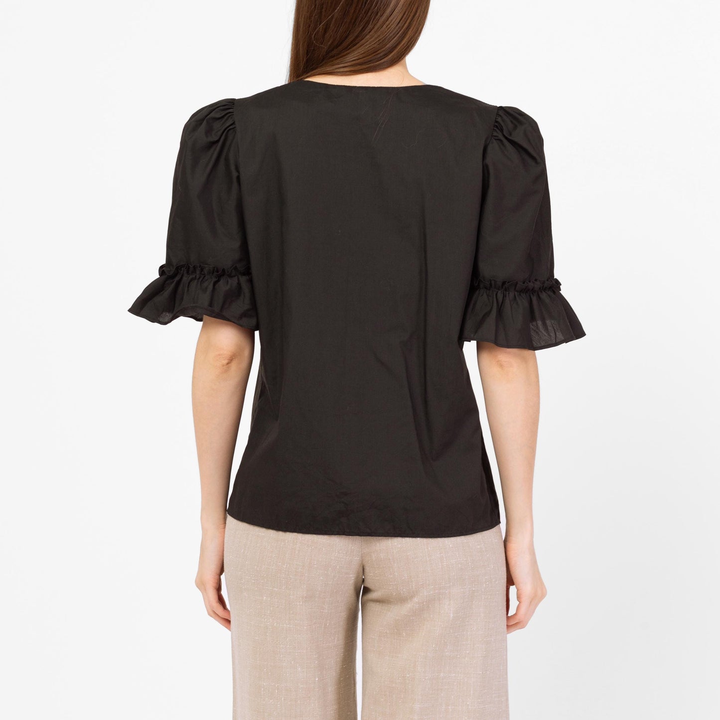 Vintage 70s Black Puff Sleeve Button Up Blouse - Small