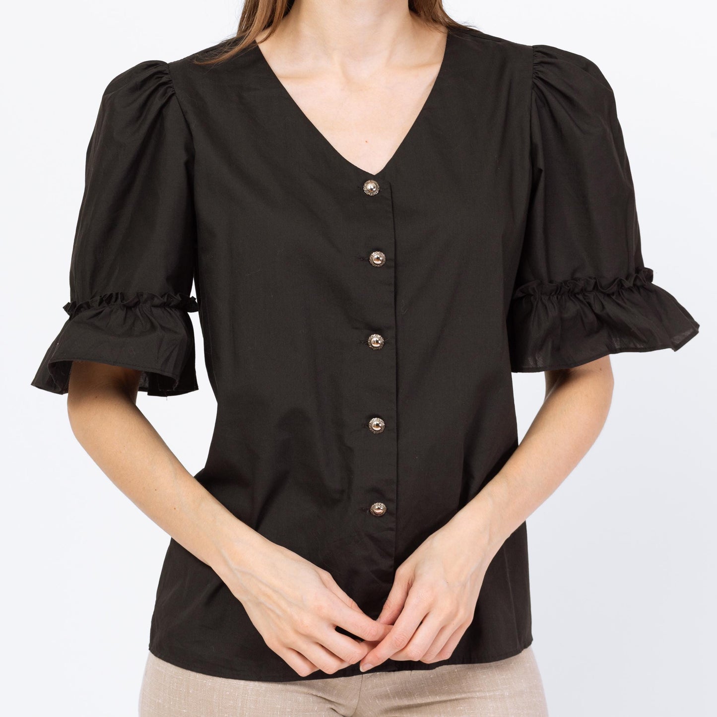 Vintage 70s Black Puff Sleeve Button Up Blouse - Small