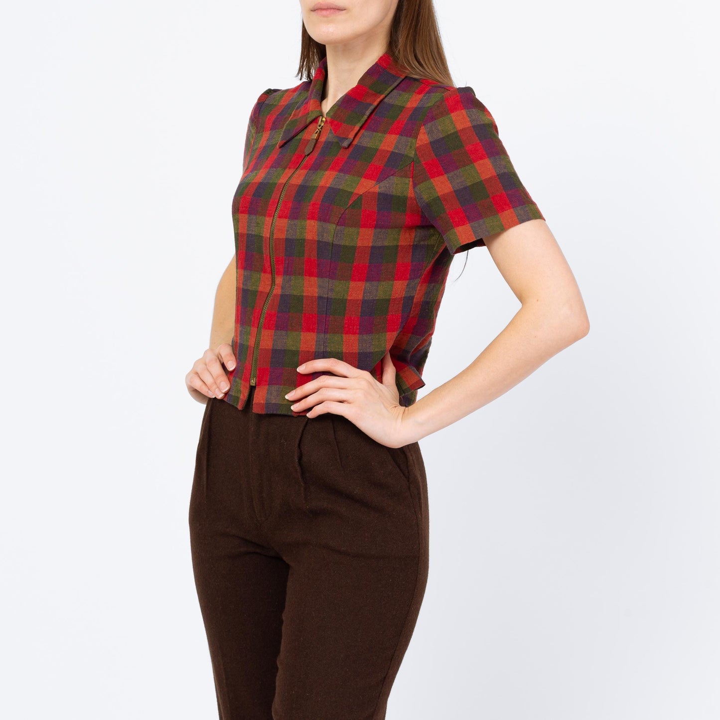 Vintage 90s Red Plaid Zip Up Crop Top - Small | Collared Short Sleeve Cropped Shirt