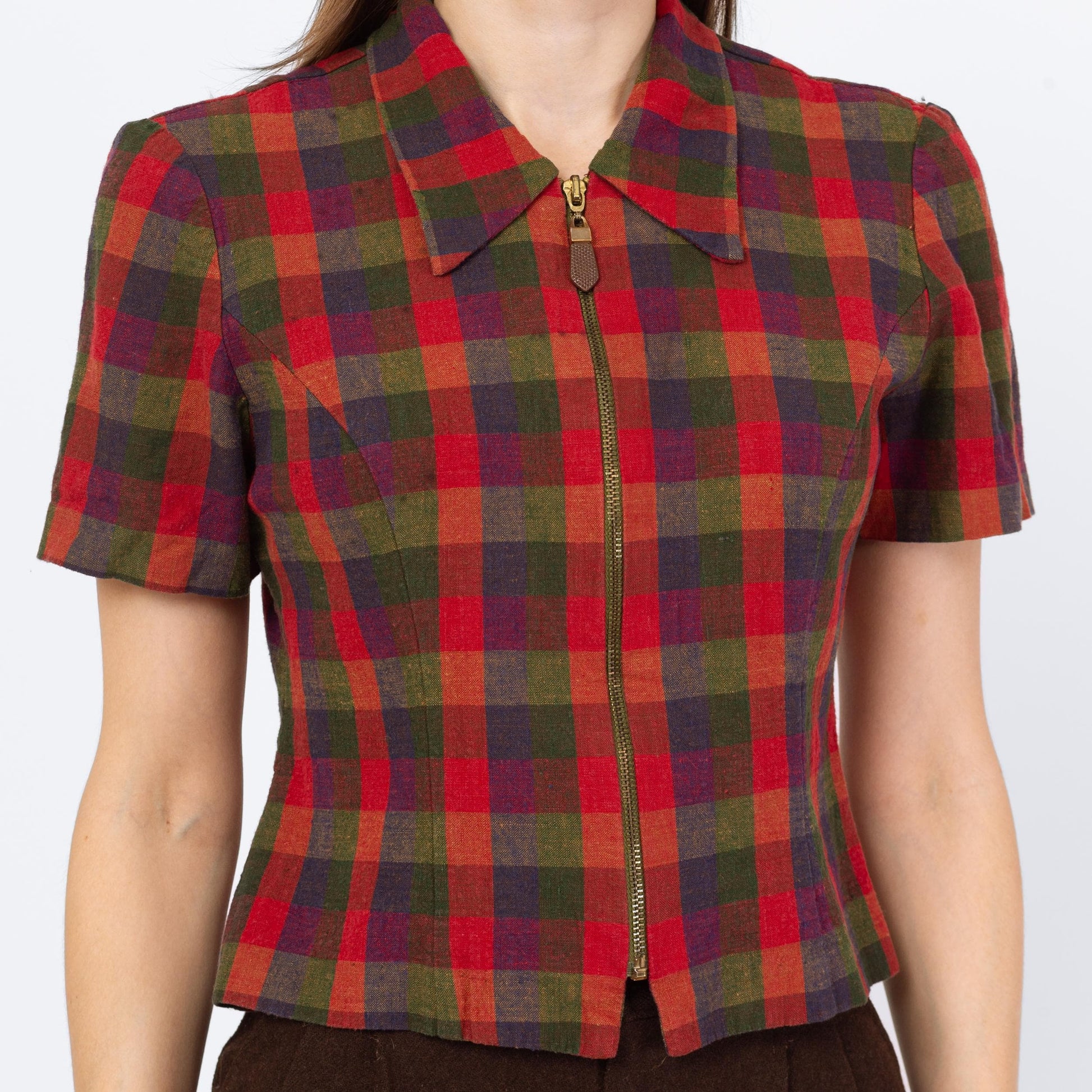 Vintage 90s Red Plaid Zip Up Crop Top - Small | Collared Short Sleeve Cropped Shirt