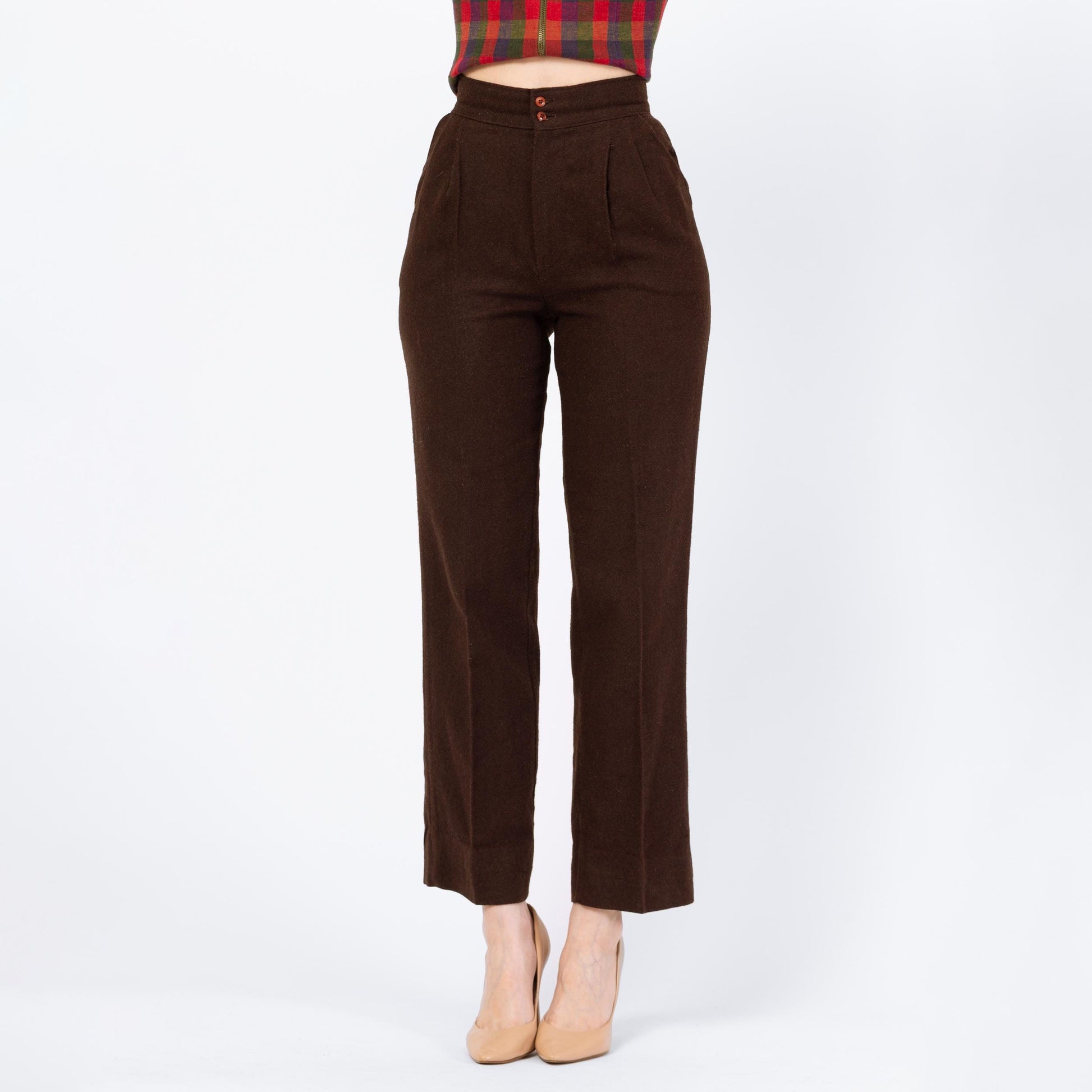 Vintage 70s Brown Wool Straight Leg Trousers - Extra Small, 24" Waist | High Waisted Pleated Slim Bootcut Pants