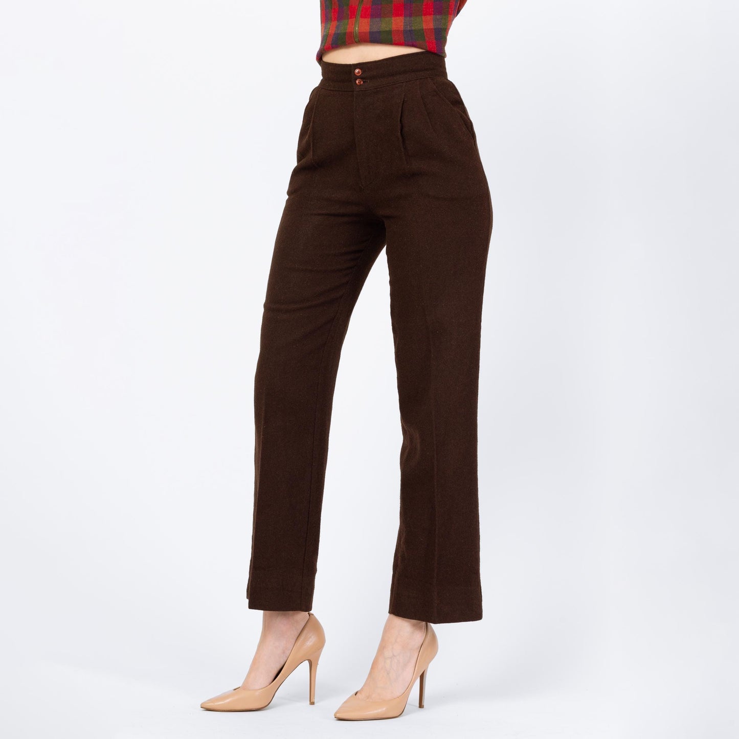 Vintage 70s Brown Wool Straight Leg Trousers - Extra Small, 24" Waist | High Waisted Pleated Slim Bootcut Pants