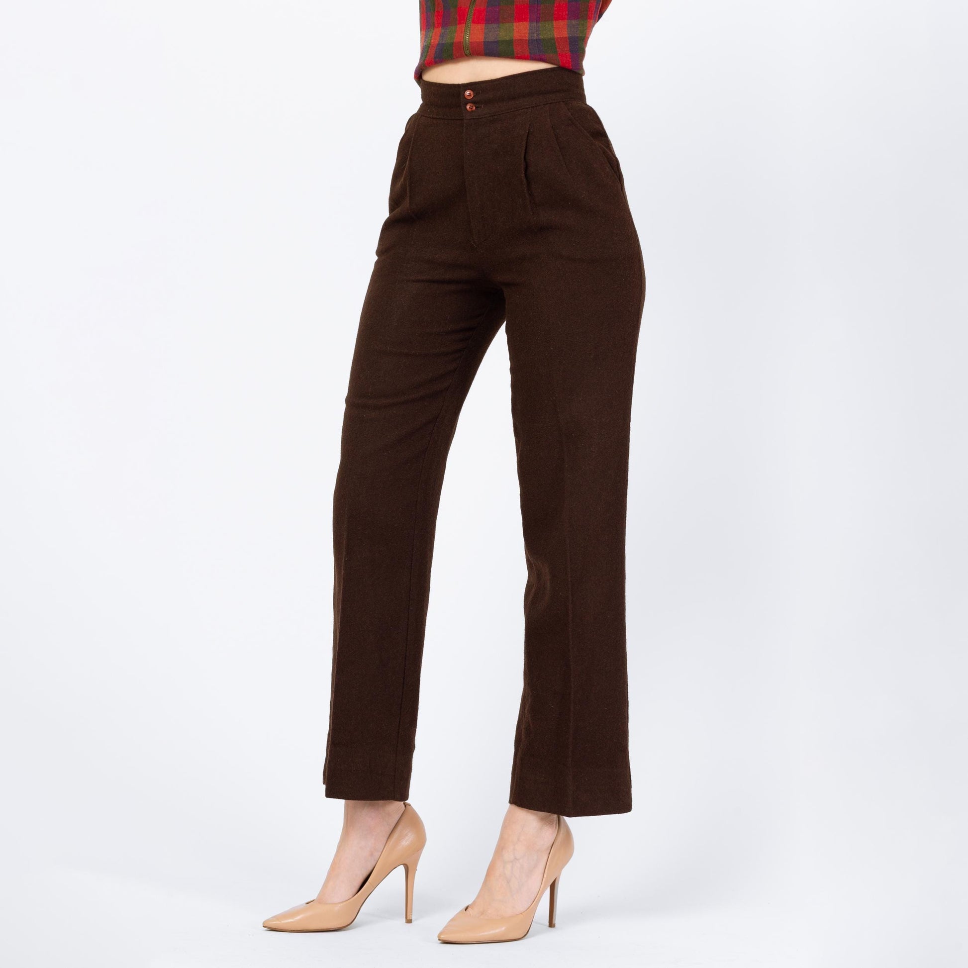 Vintage 70s Brown Wool Straight Leg Trousers - Extra Small, 24" Waist | High Waisted Pleated Slim Bootcut Pants
