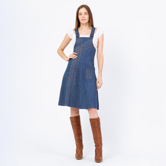 Vintage 70s Rainbow Stitch Denim Pinafore Dress - Extra Small | Boho A Line Mini Overall Jean Dress