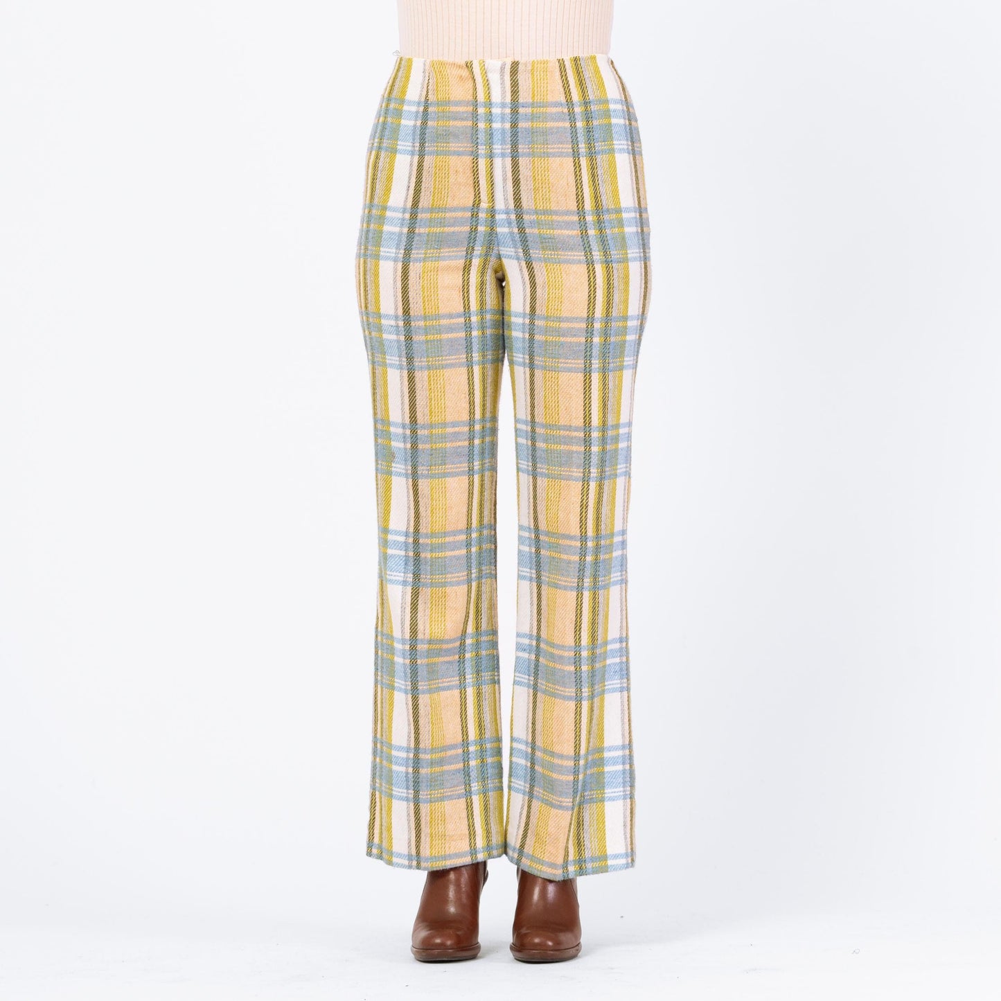 Vintage 70s Yellow Blue & Green Plaid Knit Flared Pants - Medium, 28" Waist | High Waisted Retro Woven Boho Bootcut Trousers