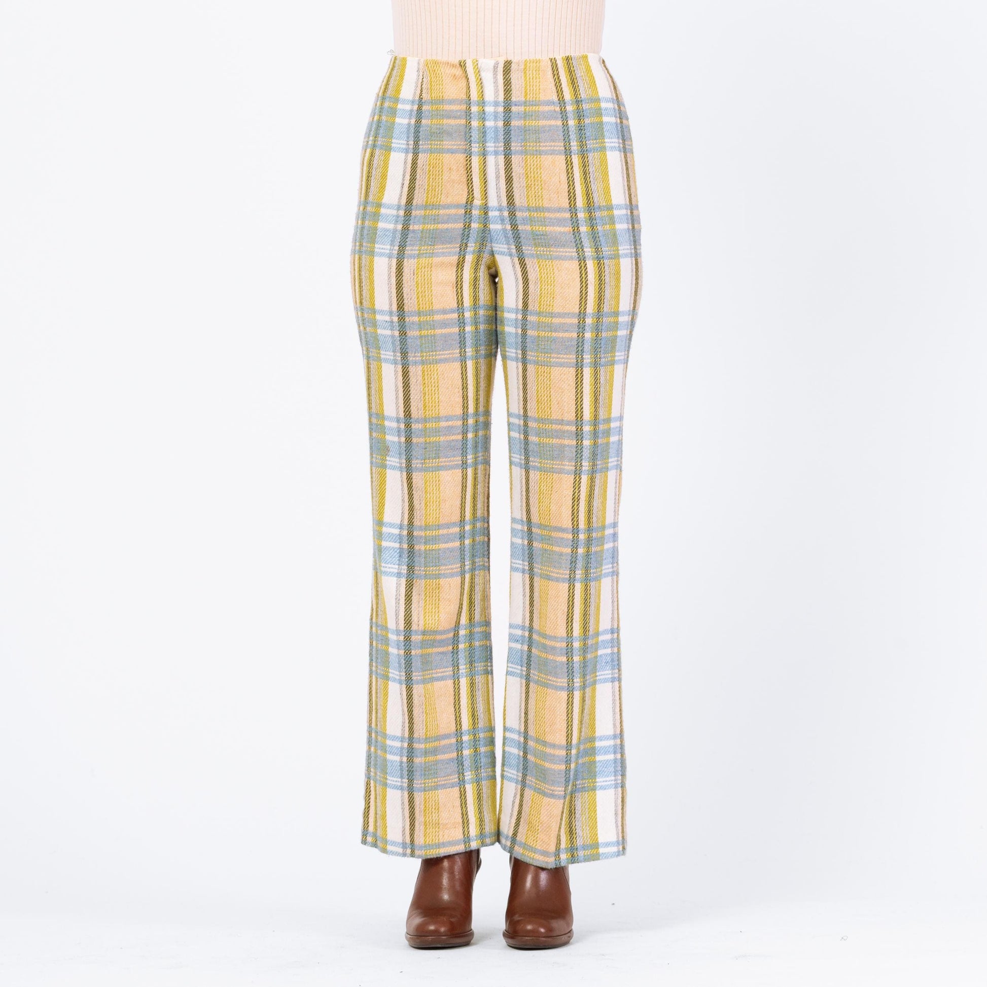 Vintage 70s Yellow Blue & Green Plaid Knit Flared Pants - Medium, 28" Waist | High Waisted Retro Woven Boho Bootcut Trousers