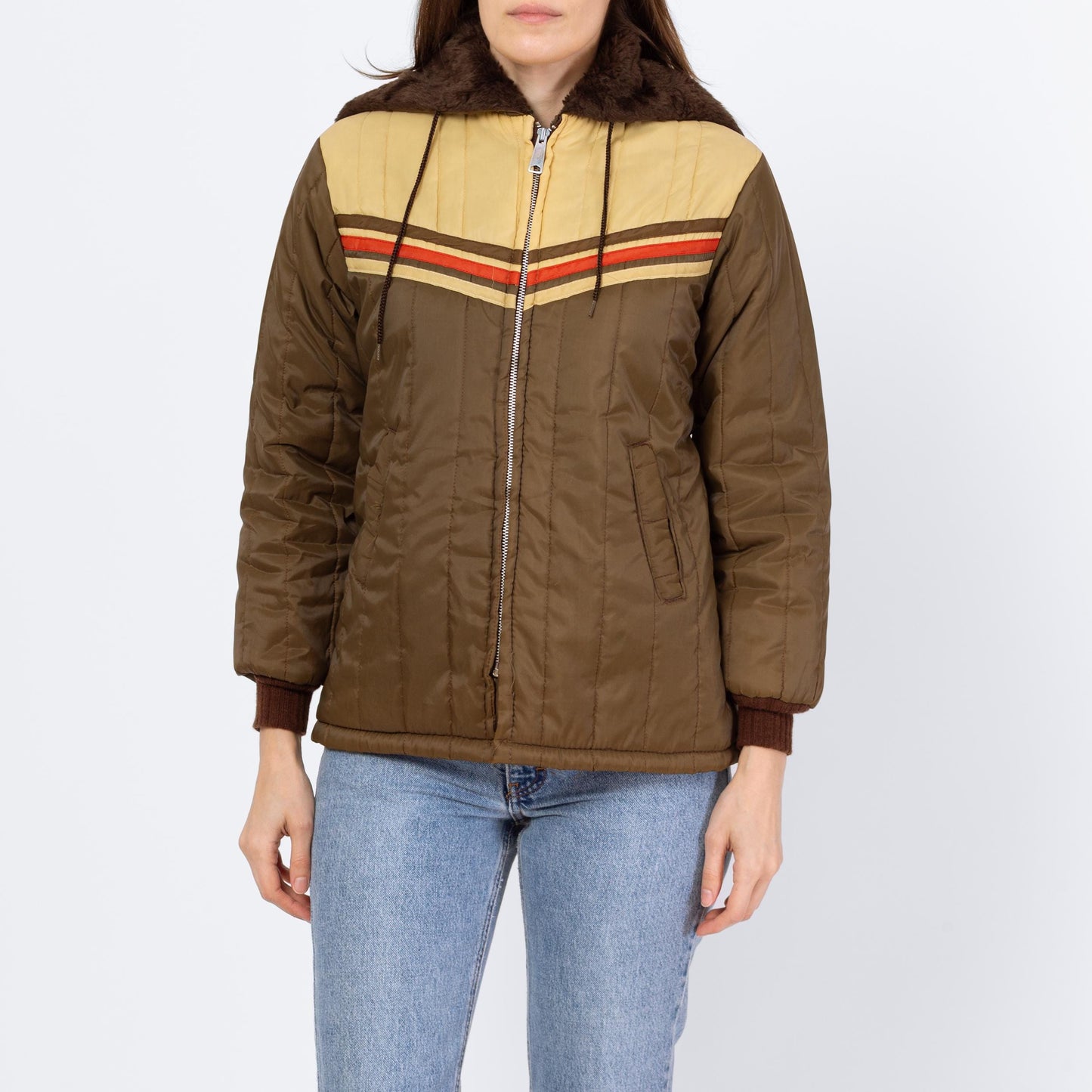 Vintage 70s Olive Brown Chevron Striped Plush Lined Jacket - Petite Extra Small | Retro Zip Up Hooded Winter Coat