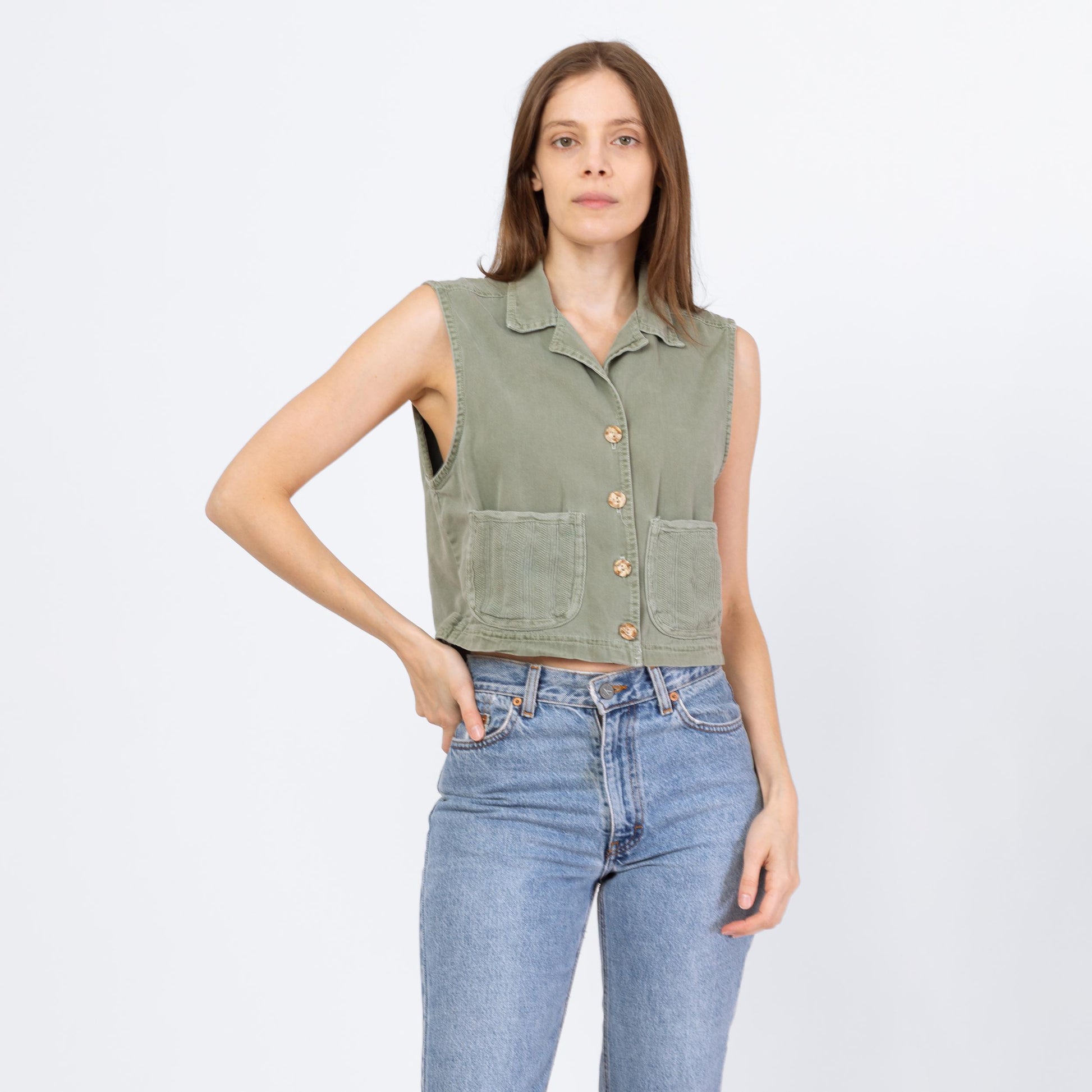 Vintage 90s Sage Green Cotton Cargo Crop Top - Small | Button Up Sleeveless Collared Vest Shirt