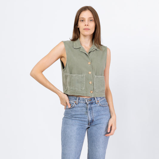 Vintage 90s Sage Green Cotton Cargo Crop Top - Small | Button Up Sleeveless Collared Vest Shirt