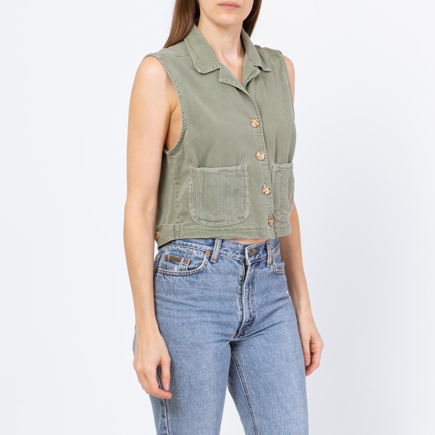 Vintage 90s Sage Green Cotton Cargo Crop Top - Small | Button Up Sleeveless Collared Vest Shirt