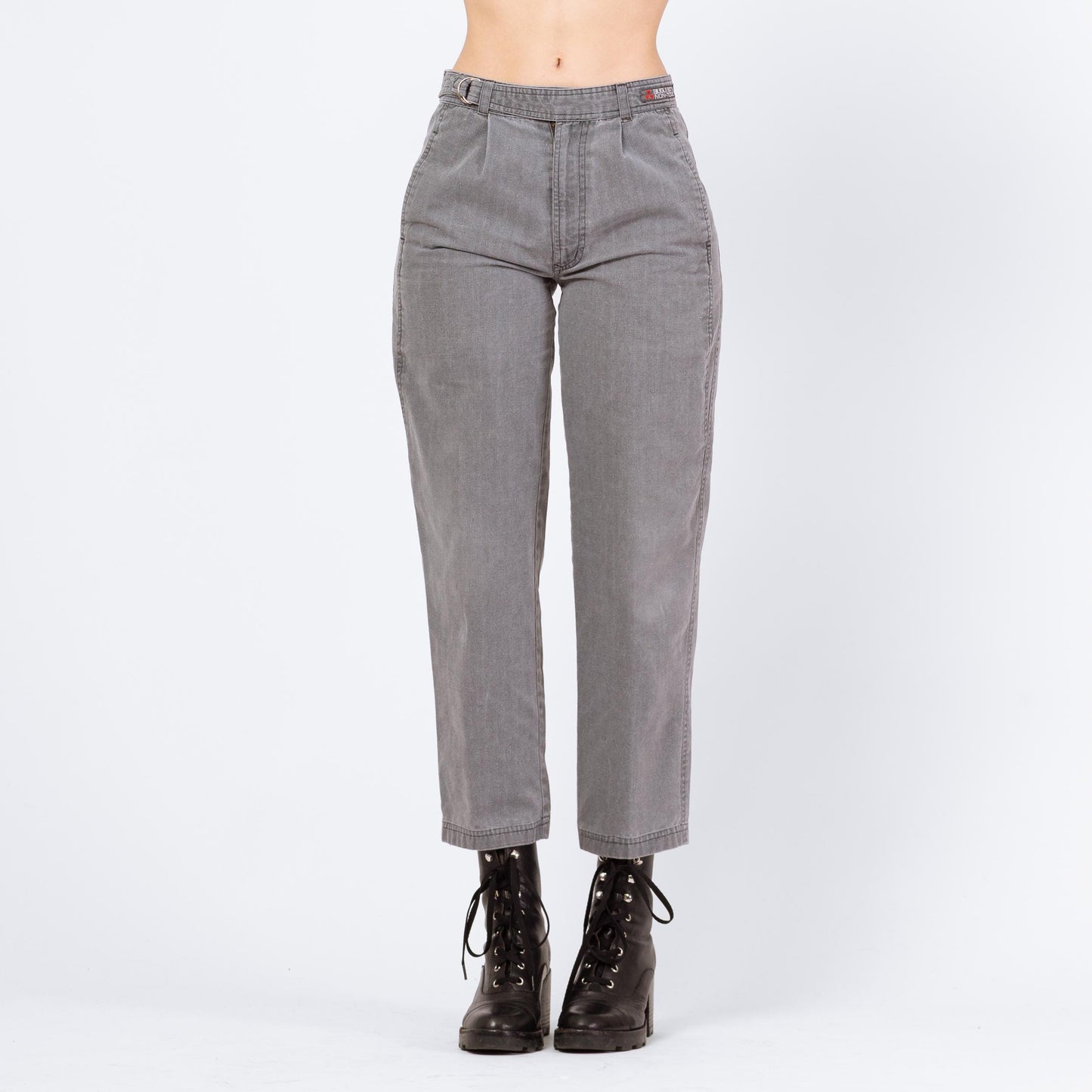 Vintage 90s Bugle Boy Grey Cotton Cinch Waist Pants - Small | Grunge Tapered Leg Mid Rise Pleated Trousers