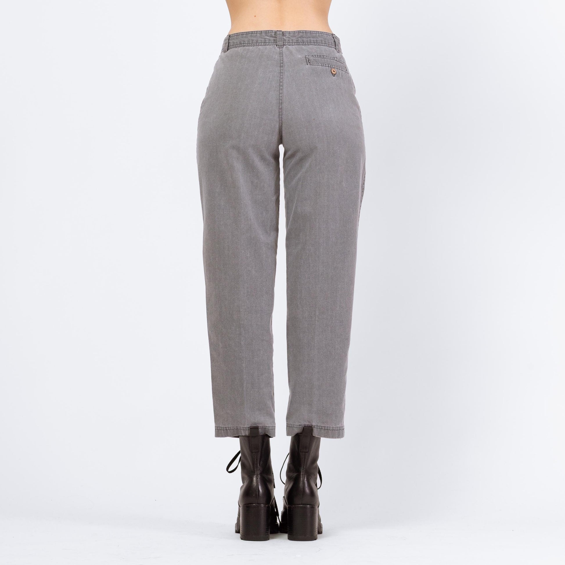 Vintage 90s Bugle Boy Grey Cotton Cinch Waist Pants - Small | Grunge Tapered Leg Mid Rise Pleated Trousers