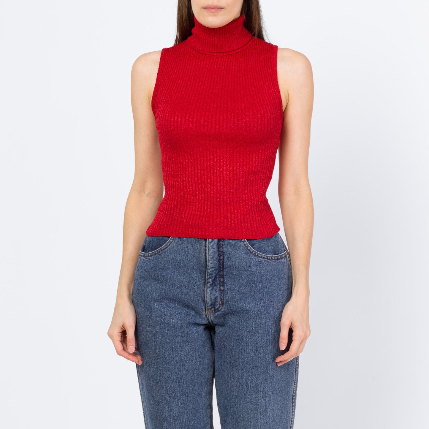 Vintage 90s Red Fitted Sleeveless Turtleneck Top - Small to Medium | Minimalist Ribbed Knit Cropped Tank