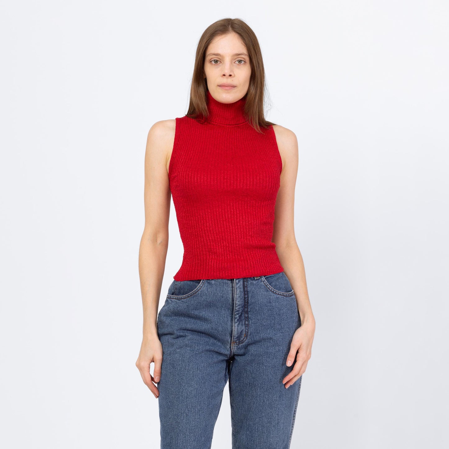 Vintage 90s Red Fitted Sleeveless Turtleneck Top - Small to Medium | Minimalist Ribbed Knit Cropped Tank