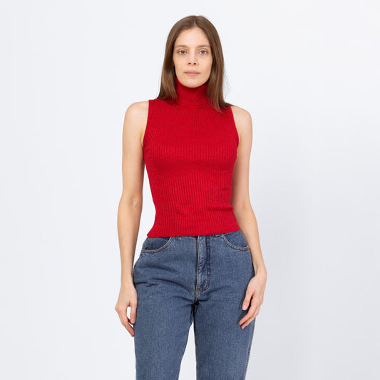 Vintage 90s Red Fitted Sleeveless Turtleneck Top - Small to Medium | Minimalist Ribbed Knit Cropped Tank