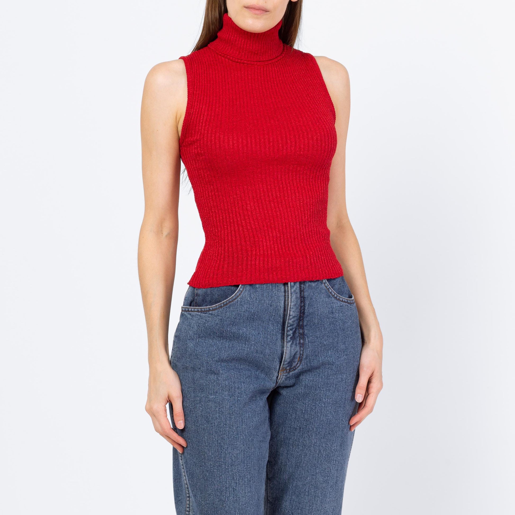 Vintage 90s Red Fitted Sleeveless Turtleneck Top - Small to Medium | Minimalist Ribbed Knit Cropped Tank