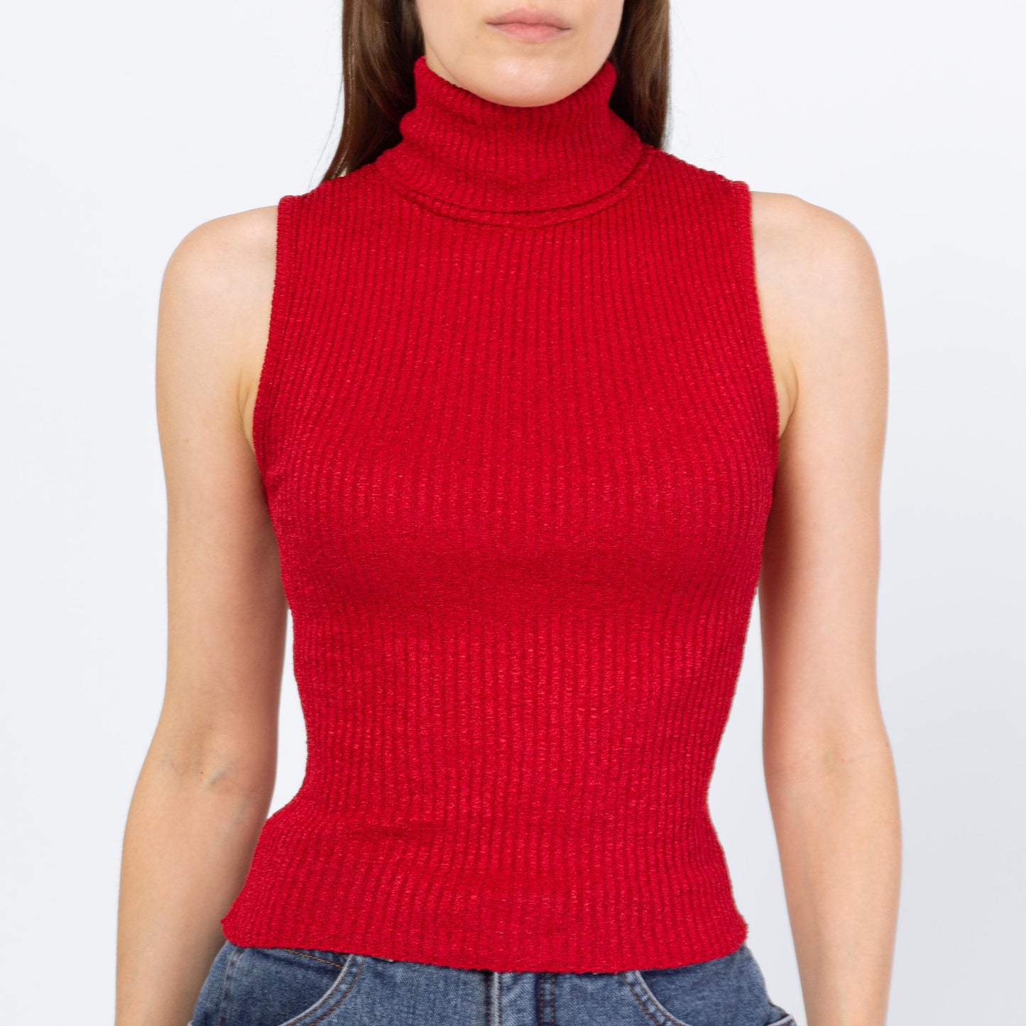 Vintage 90s Red Fitted Sleeveless Turtleneck Top - Small to Medium | Minimalist Ribbed Knit Cropped Tank
