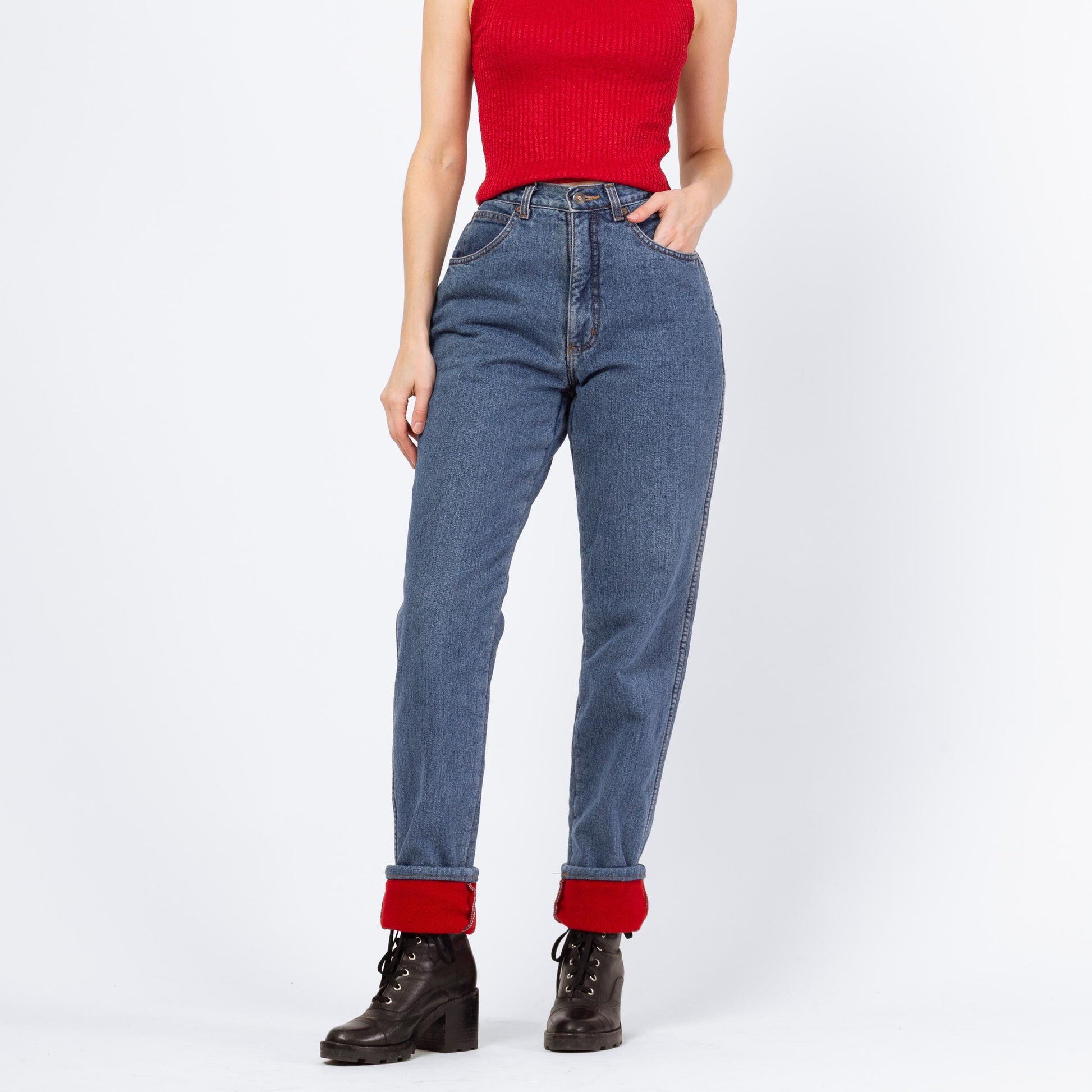 Vintage 90s LL Bean Fleece Lined High Waisted Jeans - Small, 27" Waist | Medium Wash Denim Tapered Leg Mom Jeans