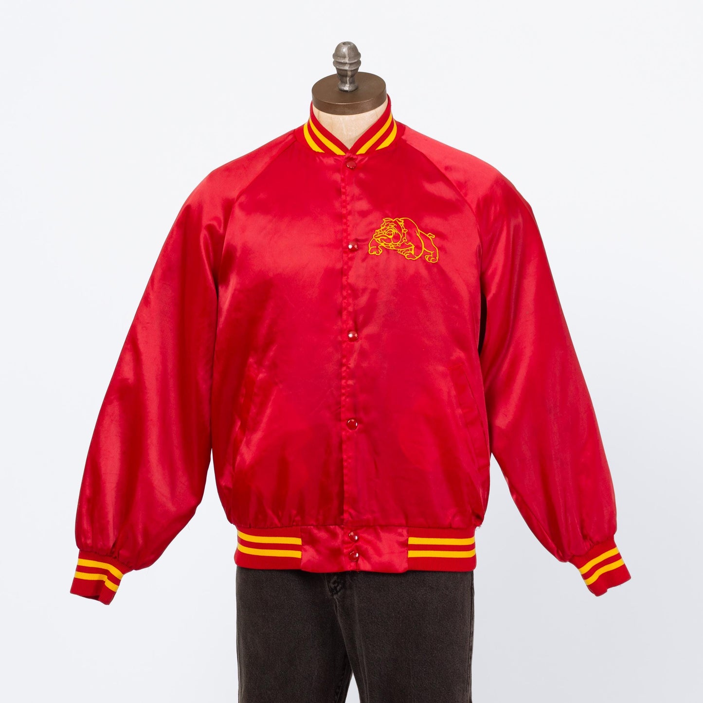 Vintage 80s Marines Satin Bomber Jacket - Large | USMC Bulldog Mascot Red Striped Varsity Windbreaker