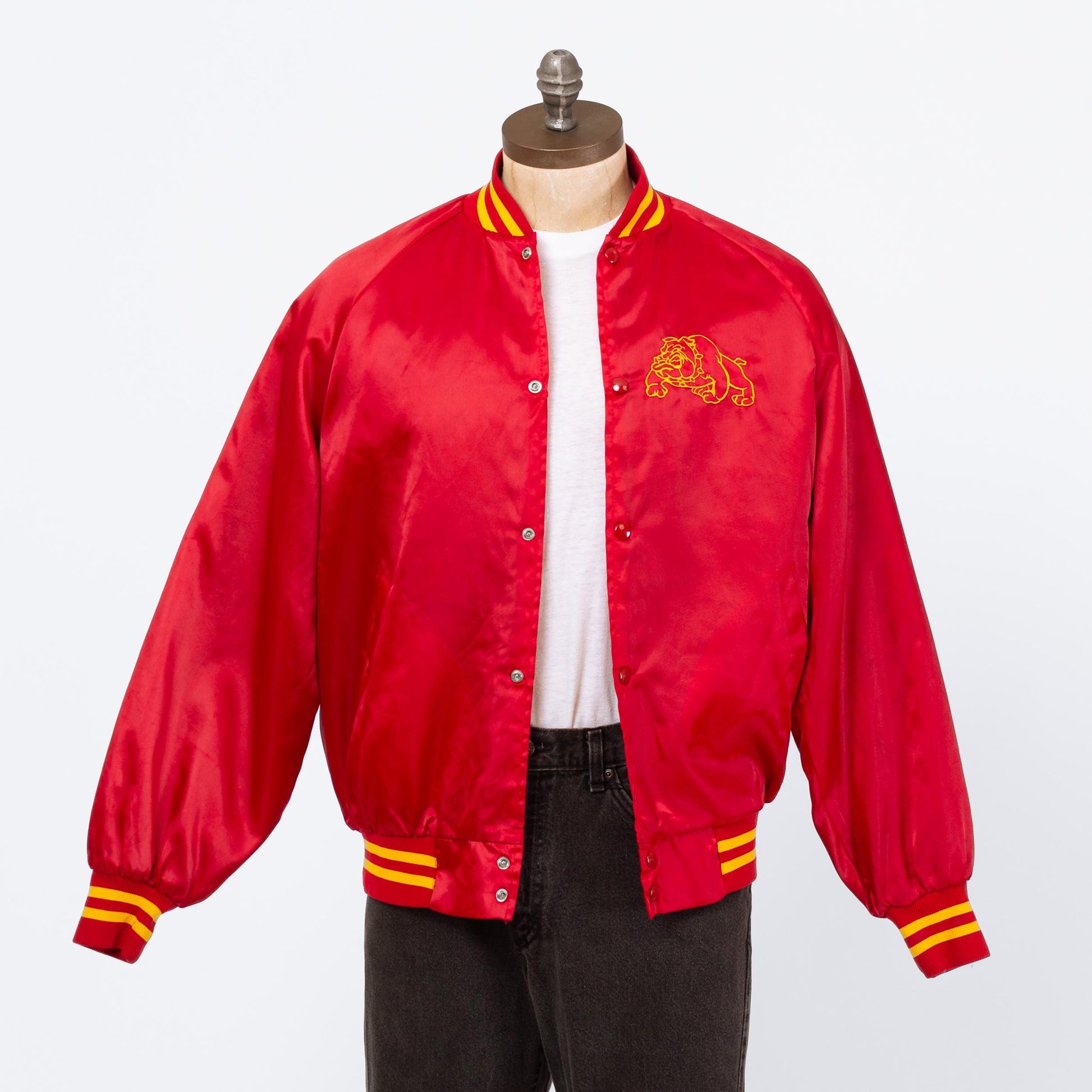 Vintage 80s Marines Satin Bomber Jacket - Large | USMC Bulldog Mascot Red Striped Varsity Windbreaker