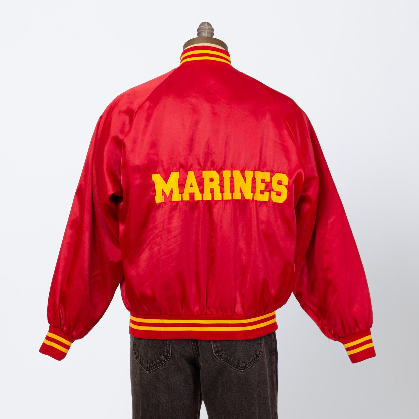Vintage 80s Marines Satin Bomber Jacket - Large | USMC Bulldog Mascot Red Striped Varsity Windbreaker