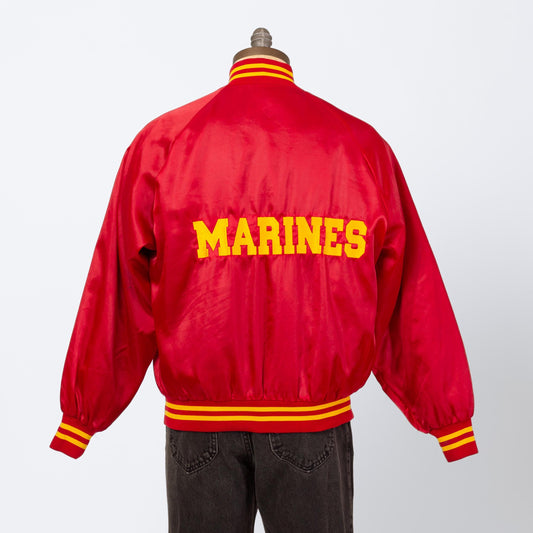 Vintage 80s Marines Satin Bomber Jacket - Large | USMC Bulldog Mascot Red Striped Varsity Windbreaker