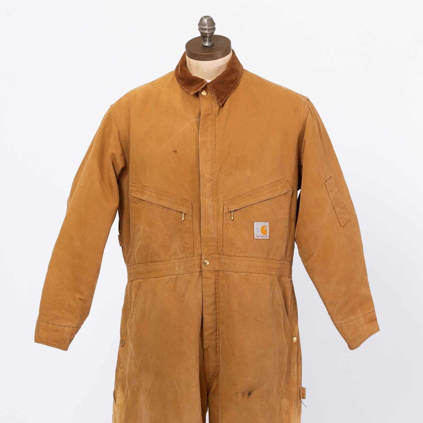 Vintage 80s Carhartt 100 Years Tan Insulated Coveralls - 46 Short | 1989 Distressed Union Made In USA Canvas Quilt Lined Workwear Jumpsuit