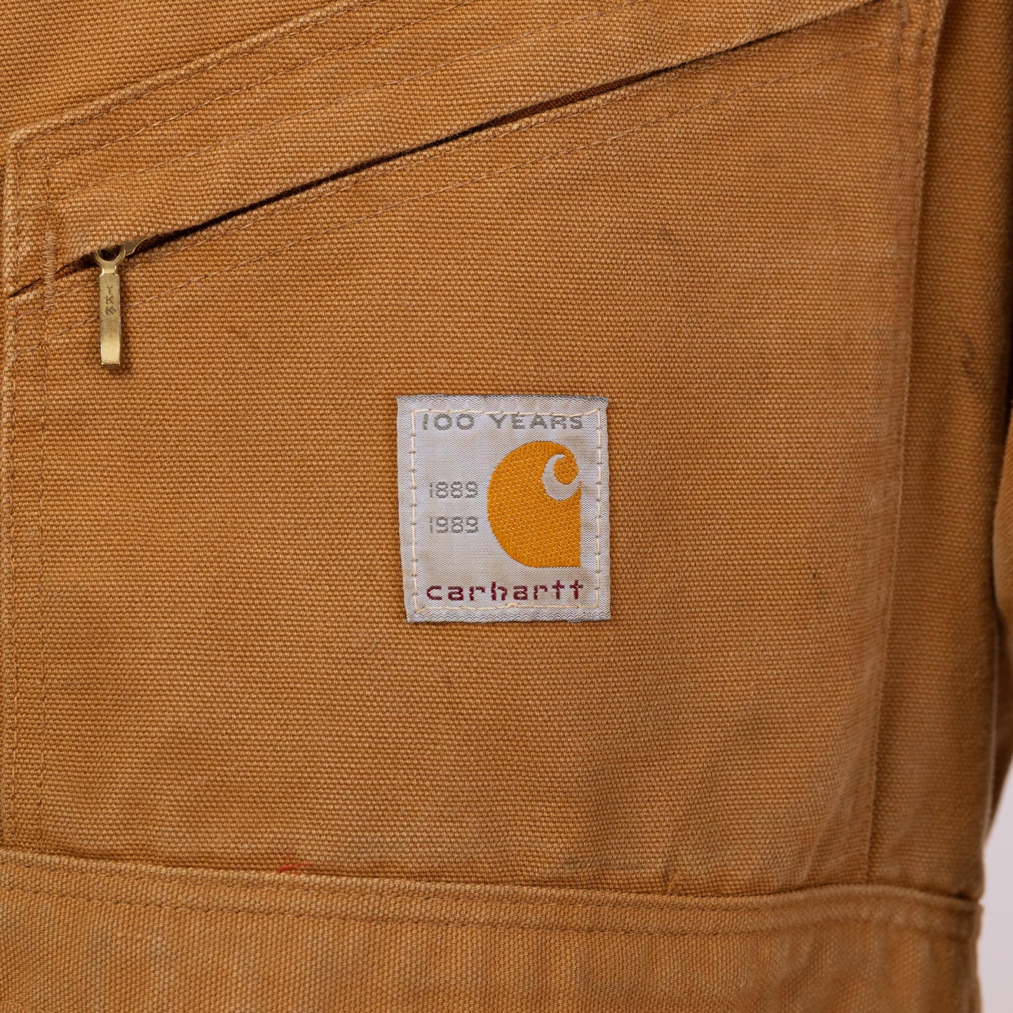 Vintage 80s Carhartt 100 Years Tan Insulated Coveralls - 46 Short | 1989 Distressed Union Made In USA Canvas Quilt Lined Workwear Jumpsuit