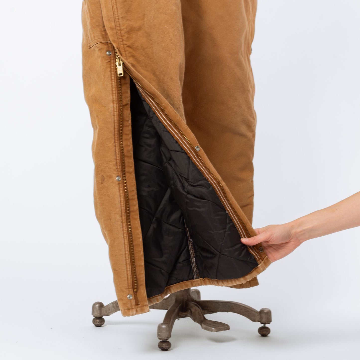 Vintage 90s Carhartt Tan Insulated Coveralls - 46 Short | Cotton Duck Canvas Quilt Lined Workwear Zip Front Winter Jumpsuit