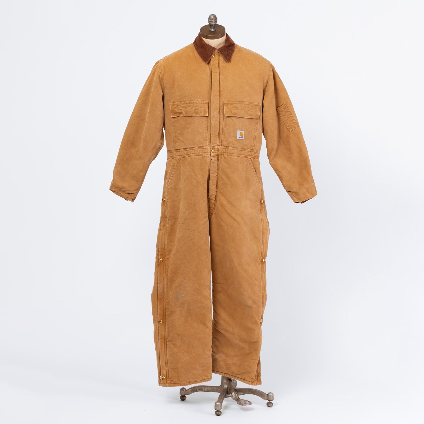 Vintage 90s Carhartt Tan Insulated Coveralls - 46 Short | Cotton Duck Canvas Quilt Lined Workwear Zip Front Winter Jumpsuit