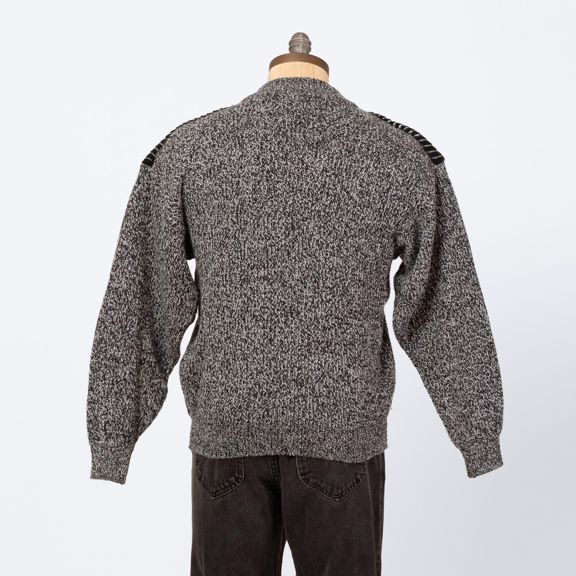 Vintage 80s Salt & Pepper Marled Knit Leather Trim Sweater - Small | Euro Athleisure Z Cavaricci Slouchy Pullover Sweater