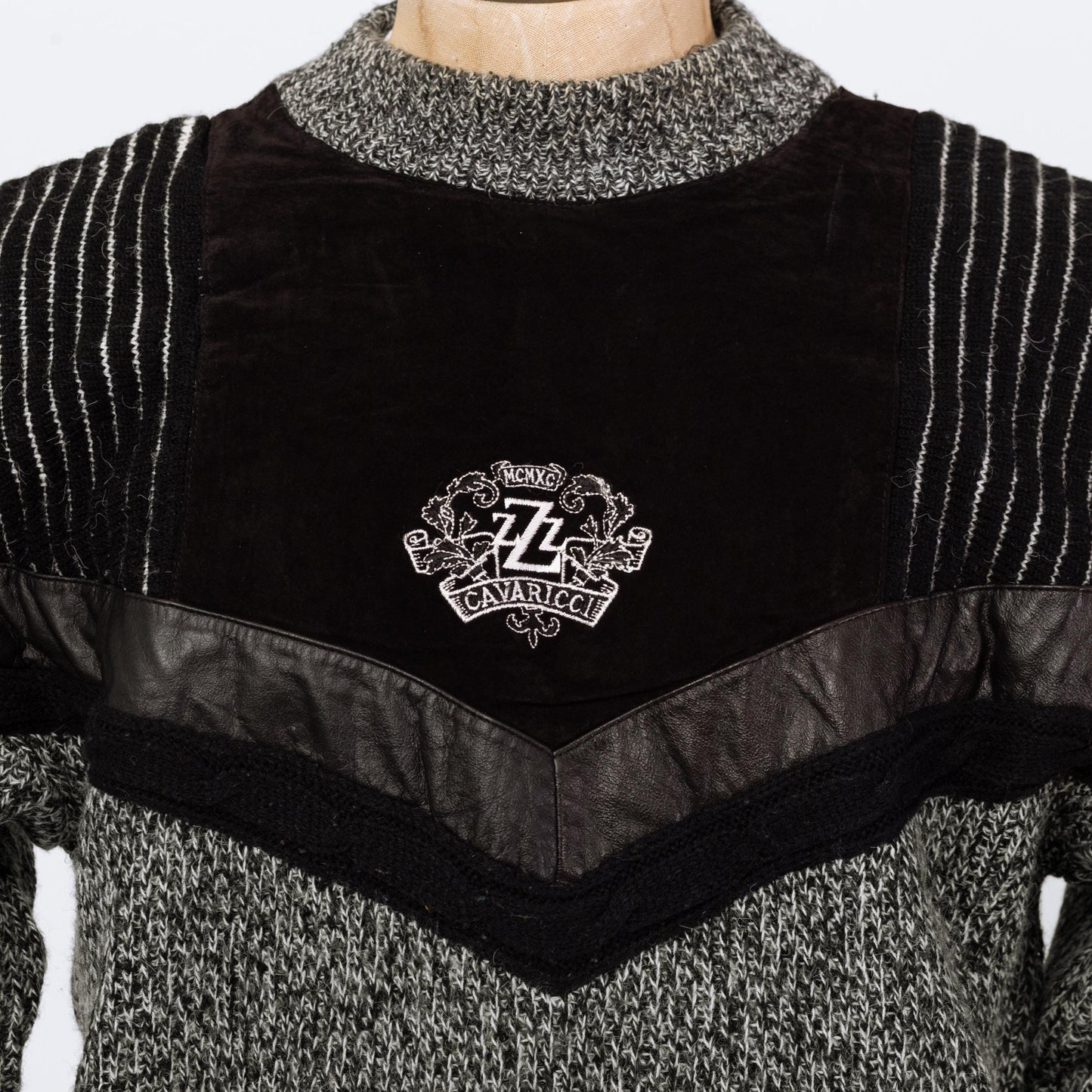 Vintage 80s Salt & Pepper Marled Knit Leather Trim Sweater - Small | Euro Athleisure Z Cavaricci Slouchy Pullover Sweater