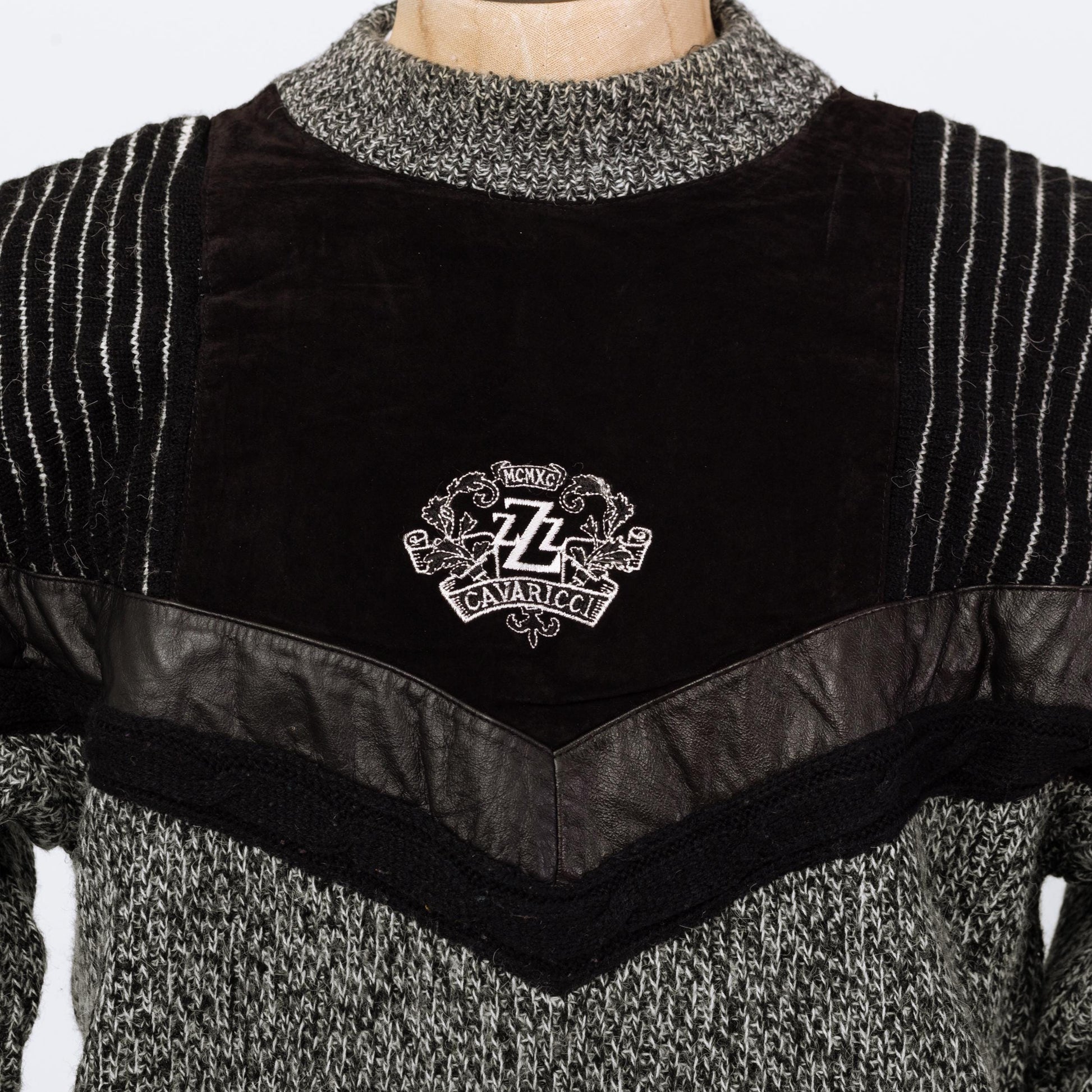 Vintage 80s Salt & Pepper Marled Knit Leather Trim Sweater - Small | Euro Athleisure Z Cavaricci Slouchy Pullover Sweater