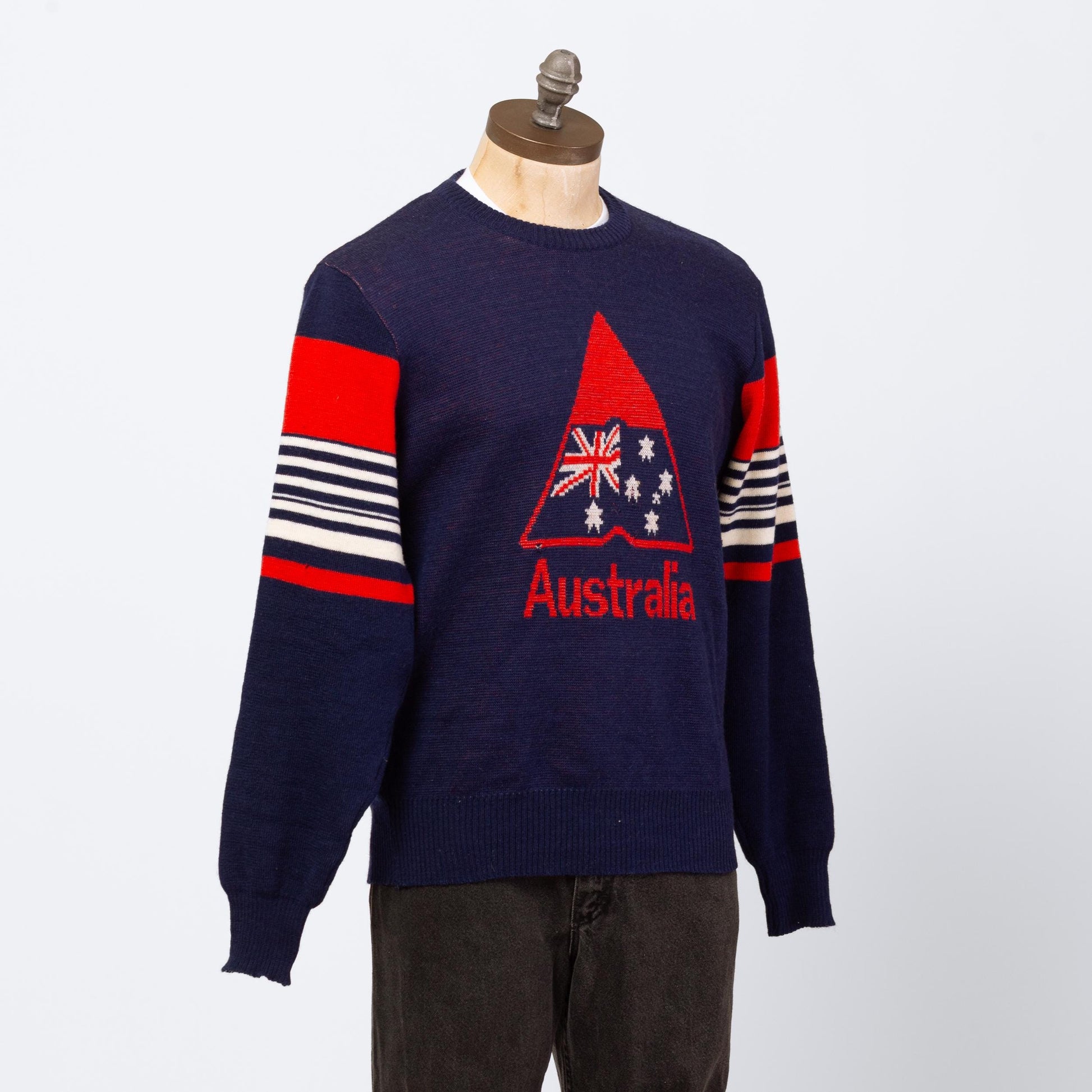 Vintage 80s Australia Wool Knit Sweater - Large | Navy Blue Striped Intarsia Pullover Jumper