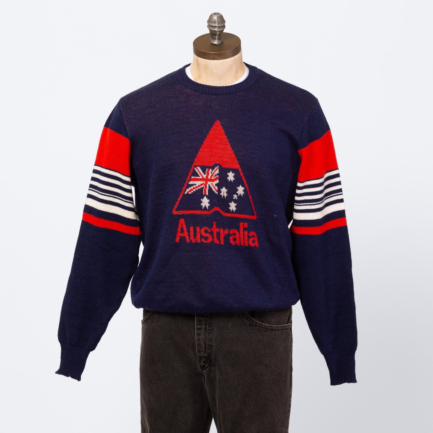 Vintage 80s Australia Wool Knit Sweater - Large | Navy Blue Striped Intarsia Pullover Jumper