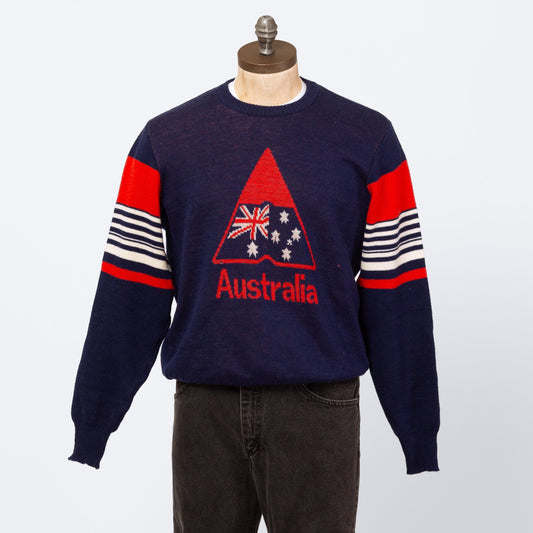 Vintage 80s Australia Wool Knit Sweater - Large | Navy Blue Striped Intarsia Pullover Jumper
